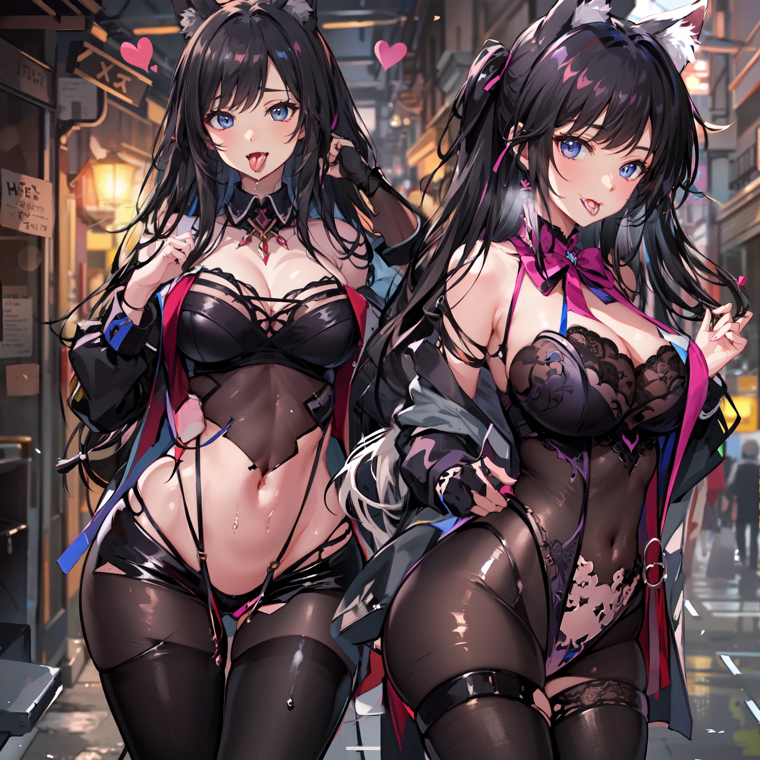 Black hair, Canine ears, Beautuful Women, Graceful figure, Tongue out, Tongue out, Tongue stock, hearts in eyes, skin fang, Reflectors, 8K, Super detail，Bigboobs，（With a collar），one-girl，Inside the alley，big breasts exposed cleavage，seductiv，Get wet，Grab bare breasts with your own hands，high qulity，tmasterpiece