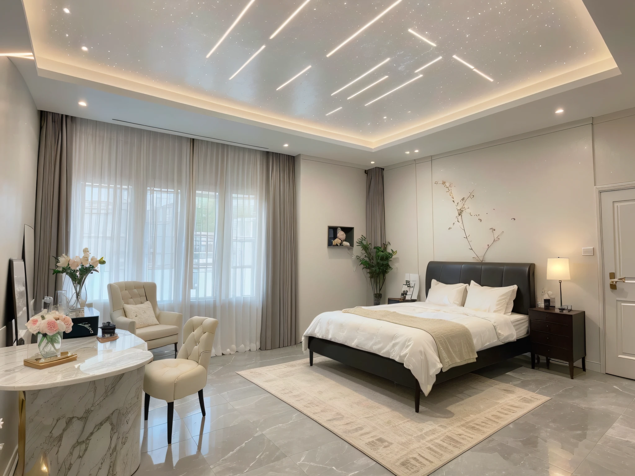 ,masterpiece, best quality,8k, ultra highres,Reallightandshadow,Step into the bedroom,It's like stepping into a dreamy garden。Silk bedding is as soft as clouds,Brings supreme comfort;Starry sky lights from the ceiling immerse you in the Milky Way,So romantic;The walls are made of marble imported from Italy,Warm and shiny,It is as if I have touched the soul of art;Soft music flows from the invisible speakers,Sometimes cheerful, sometimes peaceful,It is as if savoring the interweaving of reality and dream。