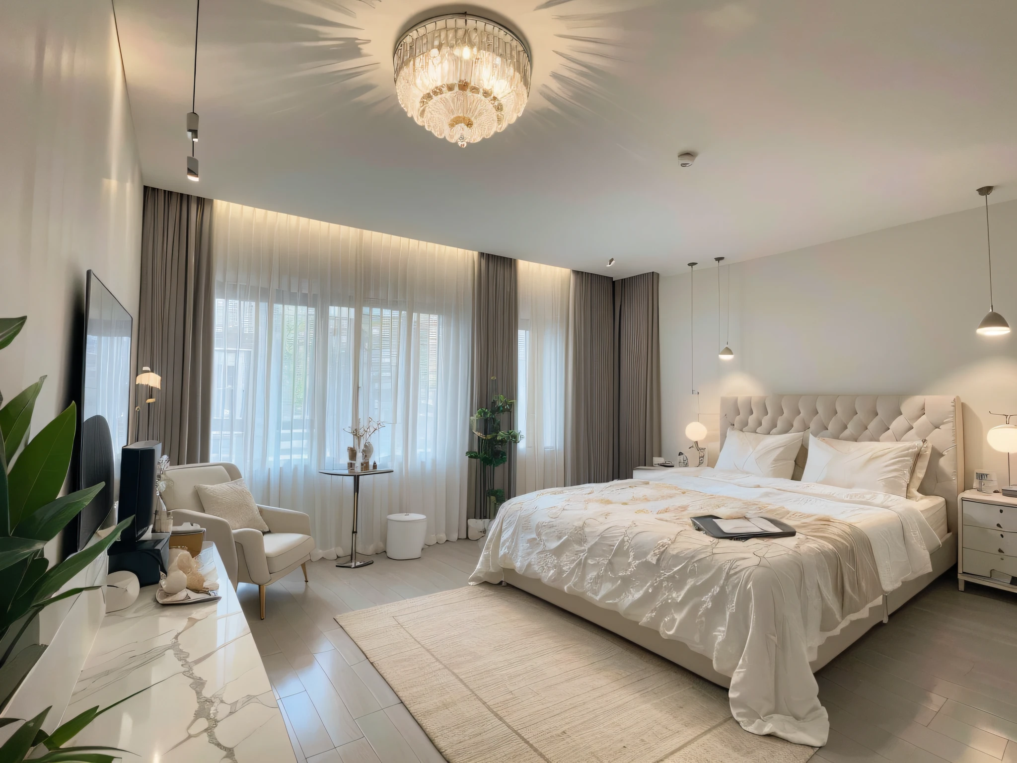 ，masterpiece, best quality，8k, ultra highres，Reallightandshadow，Step into the bedroom，It's like stepping into a dreamy garden。Silk bedding is as soft as clouds，Brings supreme comfort；Starry sky lights from the ceiling immerse you in the Milky Way，So romantic；The walls are made of marble imported from Italy，Warm and shiny，It is as if I have touched the soul of art；Soft music flows from the invisible speakers，Sometimes cheerful, sometimes peaceful，It is as if savoring the interweaving of reality and dream。