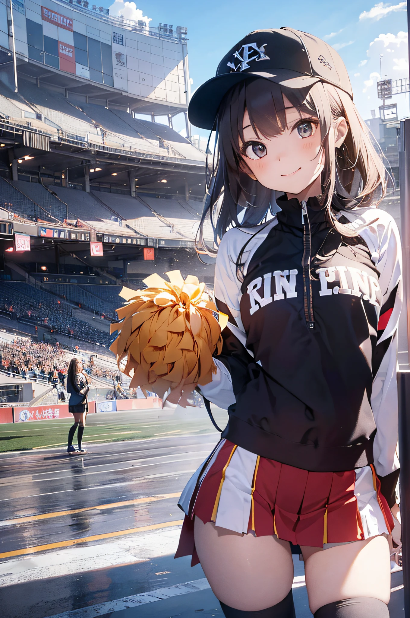 Cheerleader posing for support with big pom-poms、(stadio)、(tiny chest:1.4)、Raw photography, top-quality, hight resolution, (masterpiece), (Photorealsitic:1.4), professional photograpy, foco nítido, nffsw, 8K分辨率, intricate detailes, depth of fields, the Extremely Detailed CG Unity 8K Wallpapers, front lit, girl with, Smile、(A slender:1.3)、(taken from the under:1.5)、(skinny thigh)、Wear a baseball cap on your head、see -through