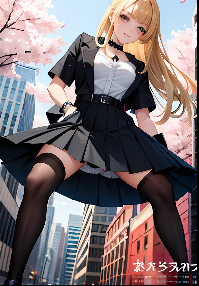 Masterpiece, Superb Style, Full Body, 1Girl, Bangs, Black Choker, Black Tie, Blonde Hair, Blue Skirt, Blush, Bracelet, Beautiful Breasts, Choker, Waist Dress, Collarbone, Collared Shirt, Denim Photos, Dress Shirt, Ear Piercings, Eyebrows Visible Through Hair, Gradient Hair, Grin, Gyaru, Jewelry, Kogal, Long Hair, Looking at the Audience, Loose Tie, Tie, Piercing, Plaid Skirt, Plaid Skirt, Pleated Skirt, Red Eyes, Ring, School Uniform, Shirt, Skirt, Smile, solo, white shirt, street, sky, cherry blossoms, petals, illustration, (magazine: 1.3), (cover style: 1.3), fashion, woman, vibrant, attire, pose, front, colorful, dynamic, background, element, confident, expressive, hold, statement, attachment, majestic, coiled, around, touch, scene, text, cover, bold, eye-catching, title, fashion, font, catchy, title, bigger, eye-catching, modern, stylish, focused, stylish, black stockings