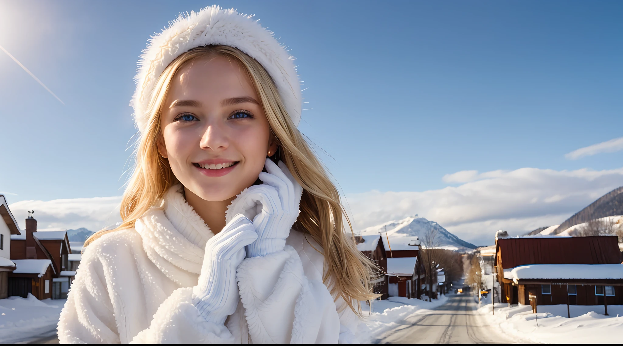 FRW, Very detailed CG Unity 8k wallpaper, a cute 18-year-old cute blonde Polish woman, a beautiful girl, a wonderful goddess, hot maiden, big breasts, blue eyes, pale skin (a masterpiece, beautiful person, well detailed face polluted smile, photorealistic, hyperrealistic), white cold clothes, fuzzy white cap, white blouse, wearing white gloves, rubbing hands warming up in a snowy street (blue open sky),  and smiling (light lighting).