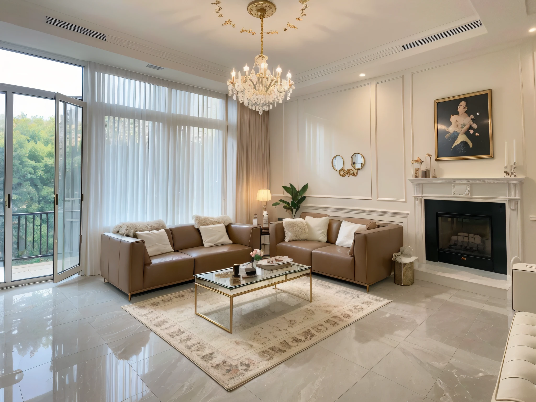 ,masterpiece, best quality,8k, ultra highres,Reallightandshadow,Step into the living room,It's like traveling to a palace。Floor-to-ceiling glass windows allow sunlight to flood the space,Warm and inviting;The crystal chandeliers on the ceiling are like stars,Bright as the Milky Way,dazzling;The murals are hand-painted by famous artists,Showcasing mysterious oriental traditions,It embodies the weight of culture;The leather sofa is soft and comfortable,The gold frame exudes luxury。In this dreamy living room,Indulge in it,It's like being in a fairy tale。