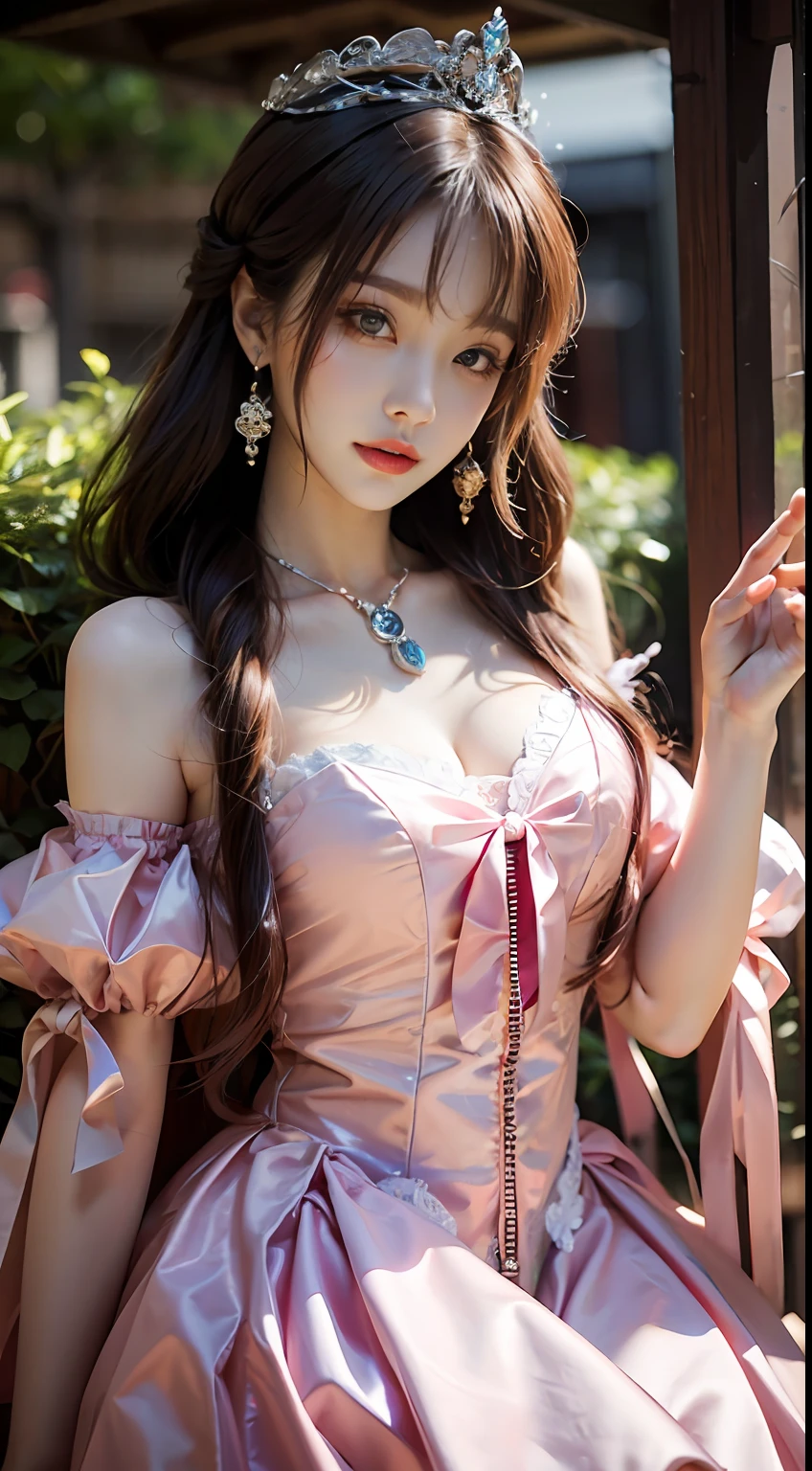 ((Realistic lighting, top quality, 8K, Masterpiece: 1.3)), Clear Focus: 1.2, 1 Woman, Perfect Beauty: 1.4, Yushu Heart, 1 Girl, Dress, Solo, Brunette Hair, Jewelry, Long Hair, Earrings, Bow, Long Skirt, Wood, Nature, Outdoor, Bare Shoulders, Airless Gainsboro, Long Dress, Hair Bow, Forest, Pink Bow, No Shoulder Straps, Standing, Necklace, Head Tilt, Chapped Lips, Wavy Hair, No Strap Dress, Lace Sleeves, Beautiful Virgin, Beautiful Korean Woman, Crown Princess on Head, Cute Elegant Pose, Bell Delfin, Wearing Pink Dress, Beautiful Fantasy Girl, Anime Princess, beautiful seductive anime woman, beautiful asian girl, attractive anime girl, elegant and charming cosplay, (lying in bed: 1.8), (beautiful sphere articulated doll: 1.3), luxurious princess dress