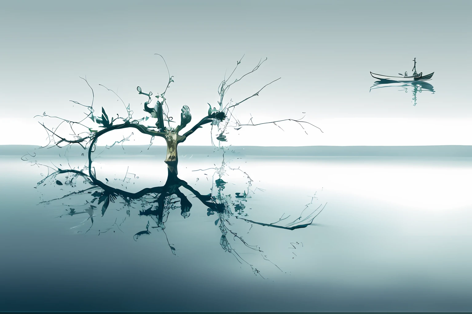 There was a boat floating in the water,There is a tree, New shoots sprout on the tree,And a few small birds,There are reflections of trees in the water, Sky background with floating clouds, isolated on whites, Summary of branch composition, Double exposure of Dalí's life, Black and white picture, the tree is on top of a calm sea, Branches and branches, reflections on the water, reflection on water, reflection in water