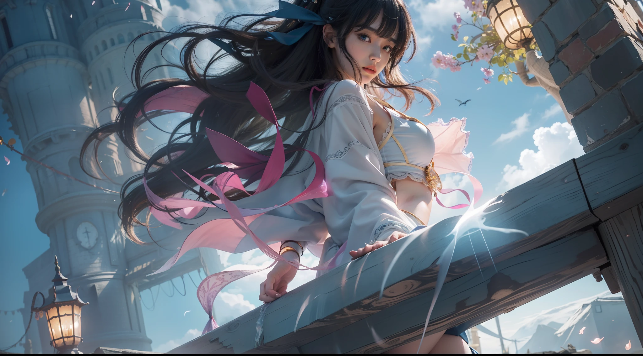 Above the rising clouds,Night, Dark, (Fantasy),infinite,deep blue sky,The abyss of knowledge,Cowledge,((masutepiece)), (((Best Quality))),((Beautiful fine eyes)),(Eye lashes)、Realistic clouds、Very beautiful face、The ultra -The high-definition、high fantasy castle、Beautiful girl with a huge golem、(1人)、Black hair、The long-haired、abyss eyes、glowy skin、oils、small tits、Perfect human body structure、Wizard robes、der riese、tattered cloth、Realistic coat、Tee、Super delicate CG Unity 32k wallpaper、photoRealstic、masterpiece, ((ultra-detailliert)), ((illustratio)),colourfull,wall-paper,The energy,Unknown terror,Incomprehensible,Around the magic,Magical surroundings,magic wands,Boken,Flying pages,Know everything,Predict the future、Get to know the past、Infinite wisdom、blue flames、Warlock、magic circles、Pentagram、Spells、mantra、Singing magic