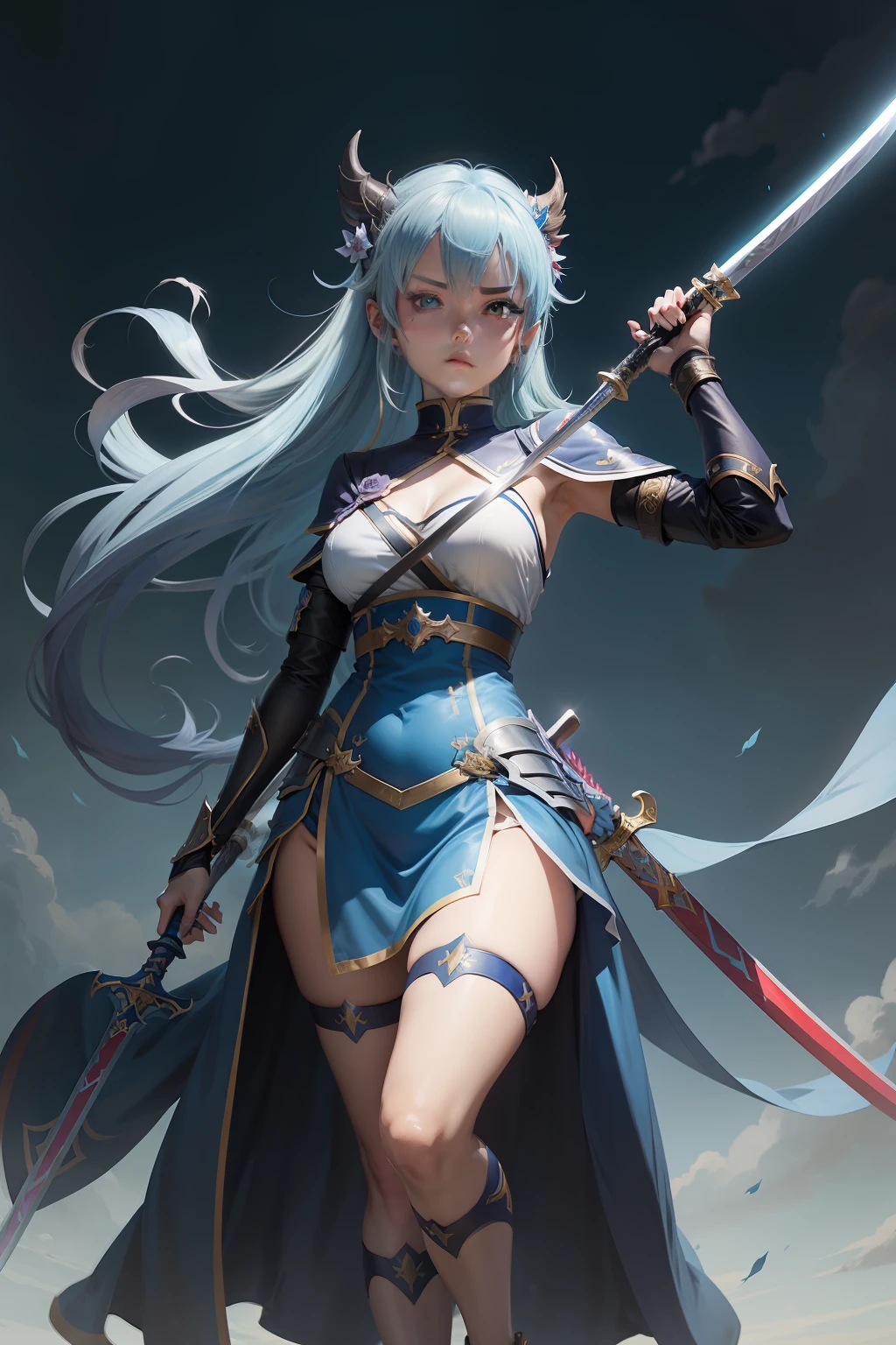 Anime character with sword in hand and blue background, Female protagonist 👀 :8, she holds a sword, she is holding a katana sword, with large sword, she is holding a long staff, anime style character, Anime Character, full body concept, demon slayer rui fanart, nyaruko-san, mitsumayo, holding a sword on her shoulder