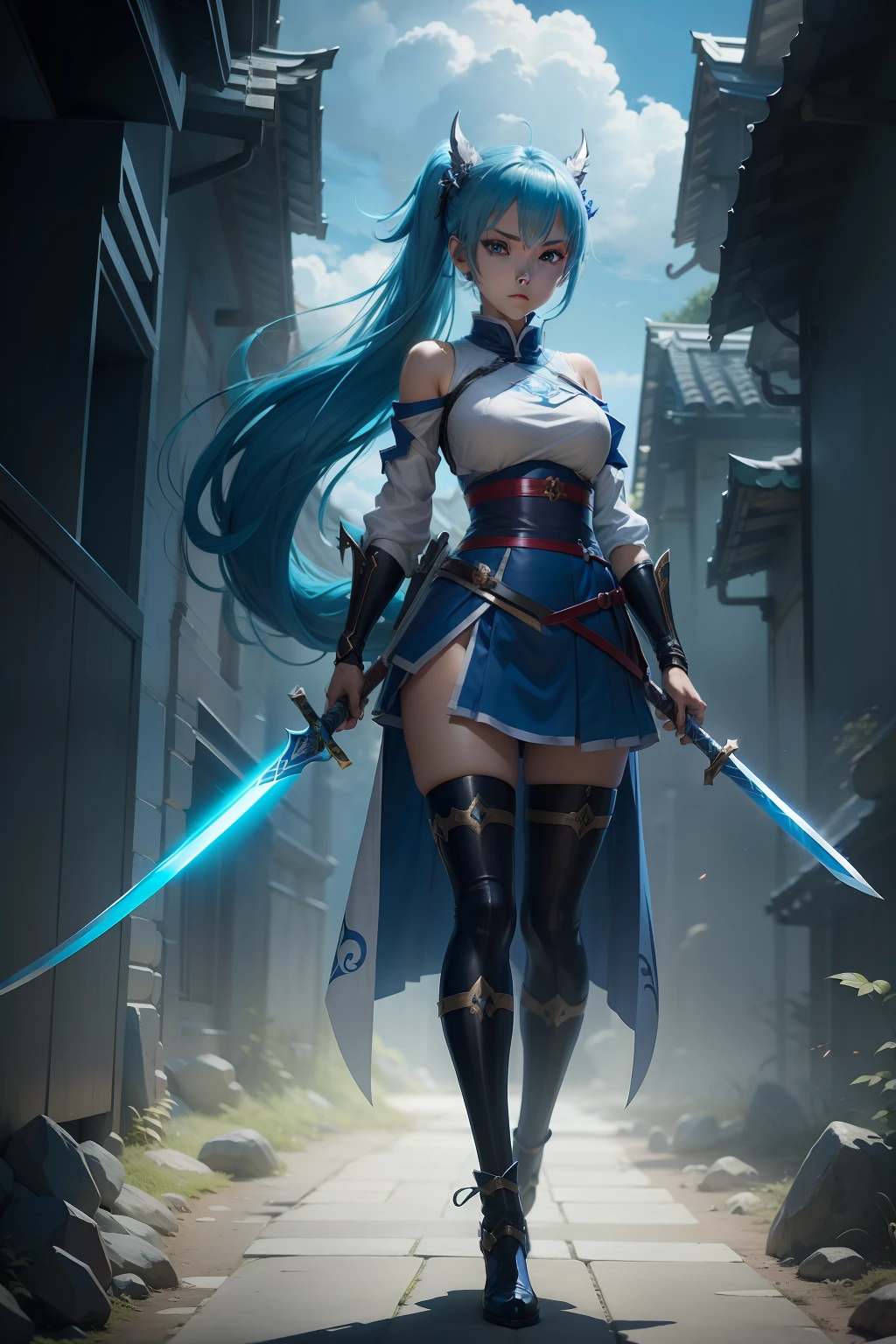 Anime character with sword in hand and blue background, Female protagonist 👀 :8, she holds a sword, she is holding a katana sword, with large sword, she is holding a long staff, anime style character, Anime Character, full body concept, demon slayer rui fanart, nyaruko-san, mitsumayo, holding a sword on her shoulder