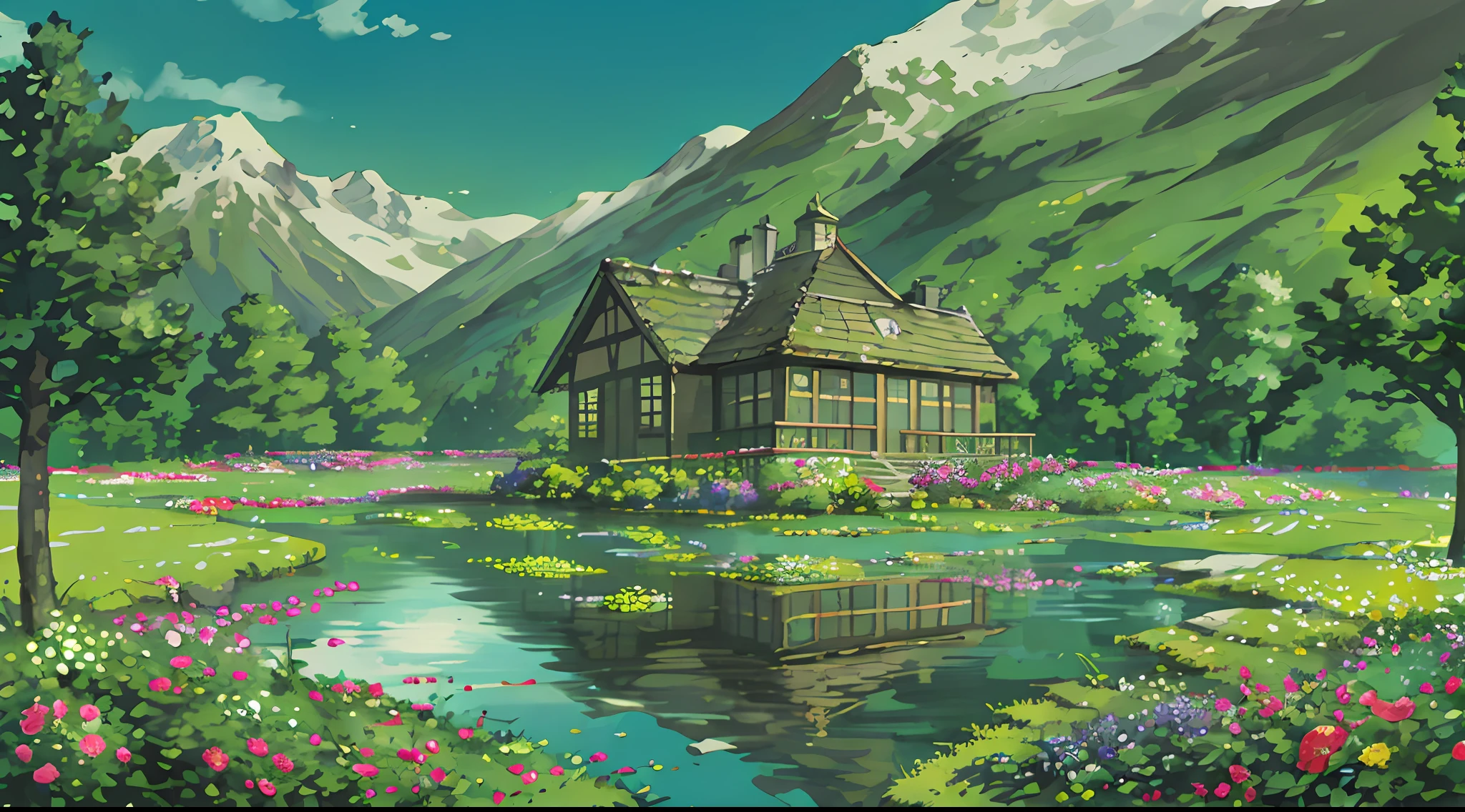 Best quality at best,A high resolution,distinct image,detailed back ground,florals,trpical garden,Beautiful home,ln the forest,Reflective,Water surface highlights
