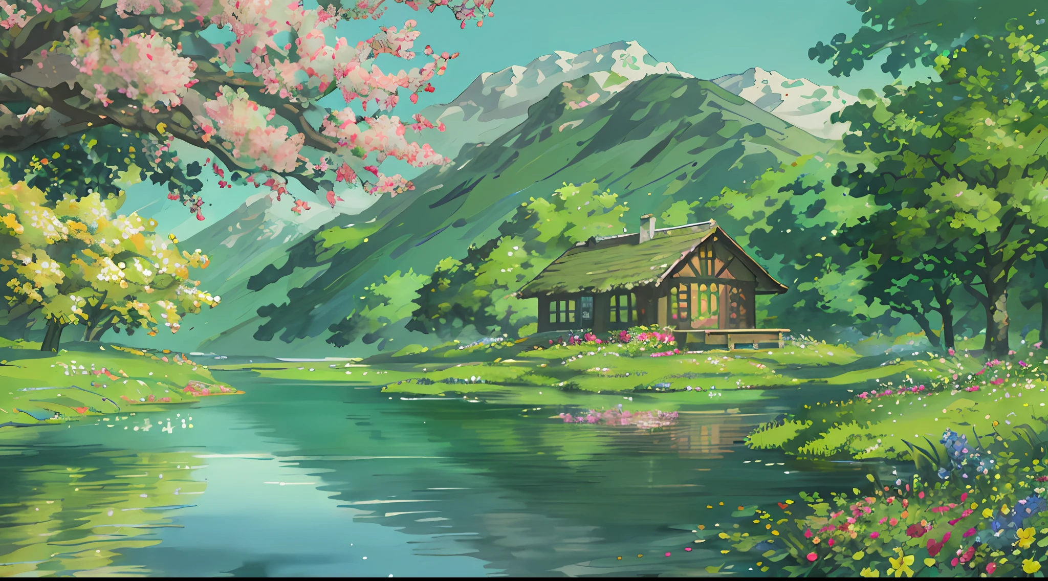 Best quality at best,A high resolution,distinct image,detailed back ground,florals,trpical garden,Beautiful home,ln the forest,Reflective,Water surface highlights