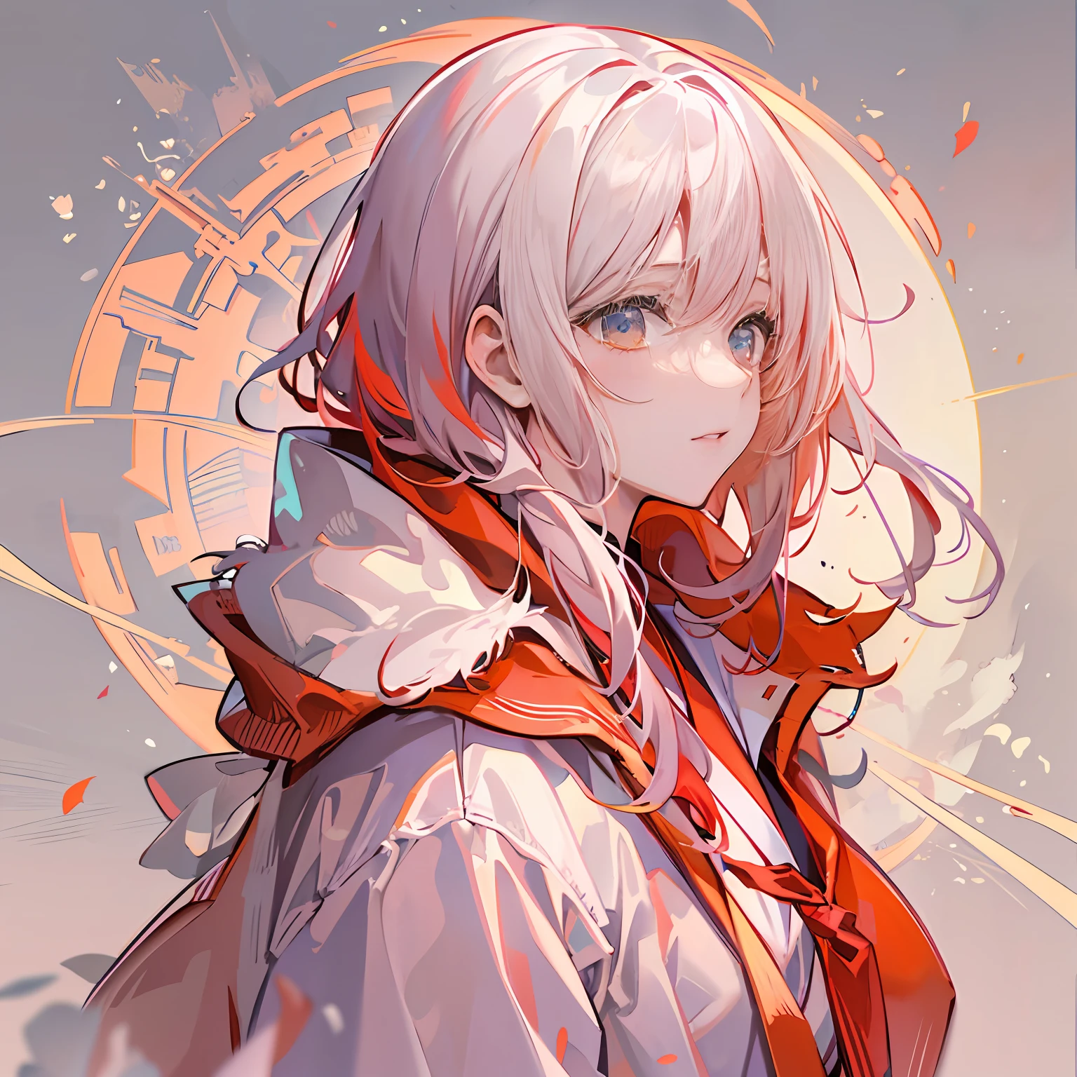 best qualtiy,tmasterpiece,one-girl,Red and white gradient hair,,Gentle big sister,Manteau,Japanese manga style,quadratic element,EVA style