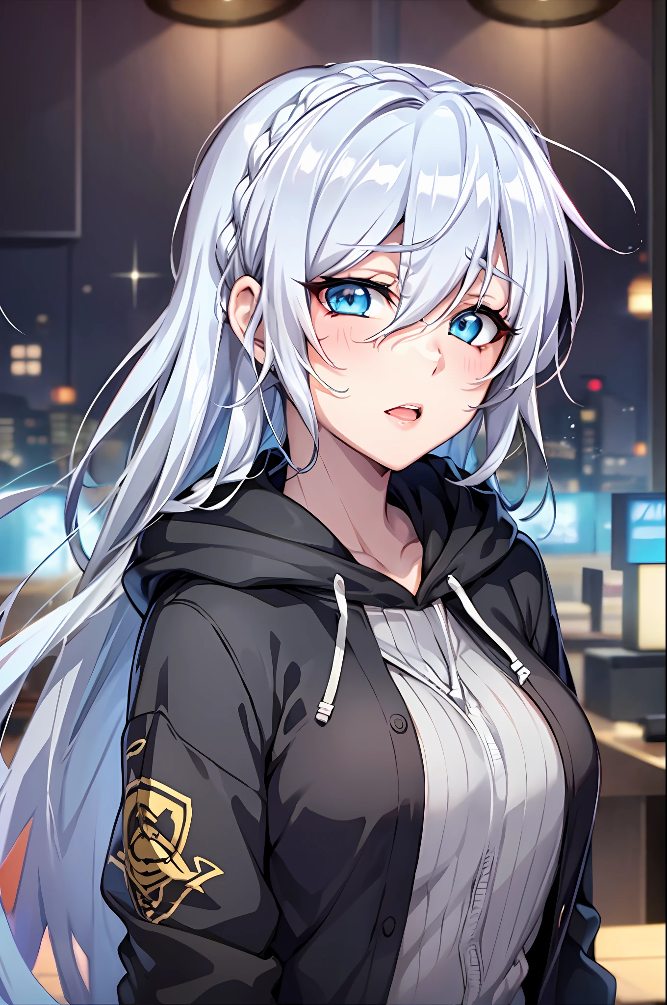 Yukino, Silver hair and  eyes in a black hoodie, anime visual of a cute girl, screenshot from the anime film, & her expression is solemn, ahegao face, in the anime film, in an anime, anime visual of a young woman, she has a cute expressive face, still from anime