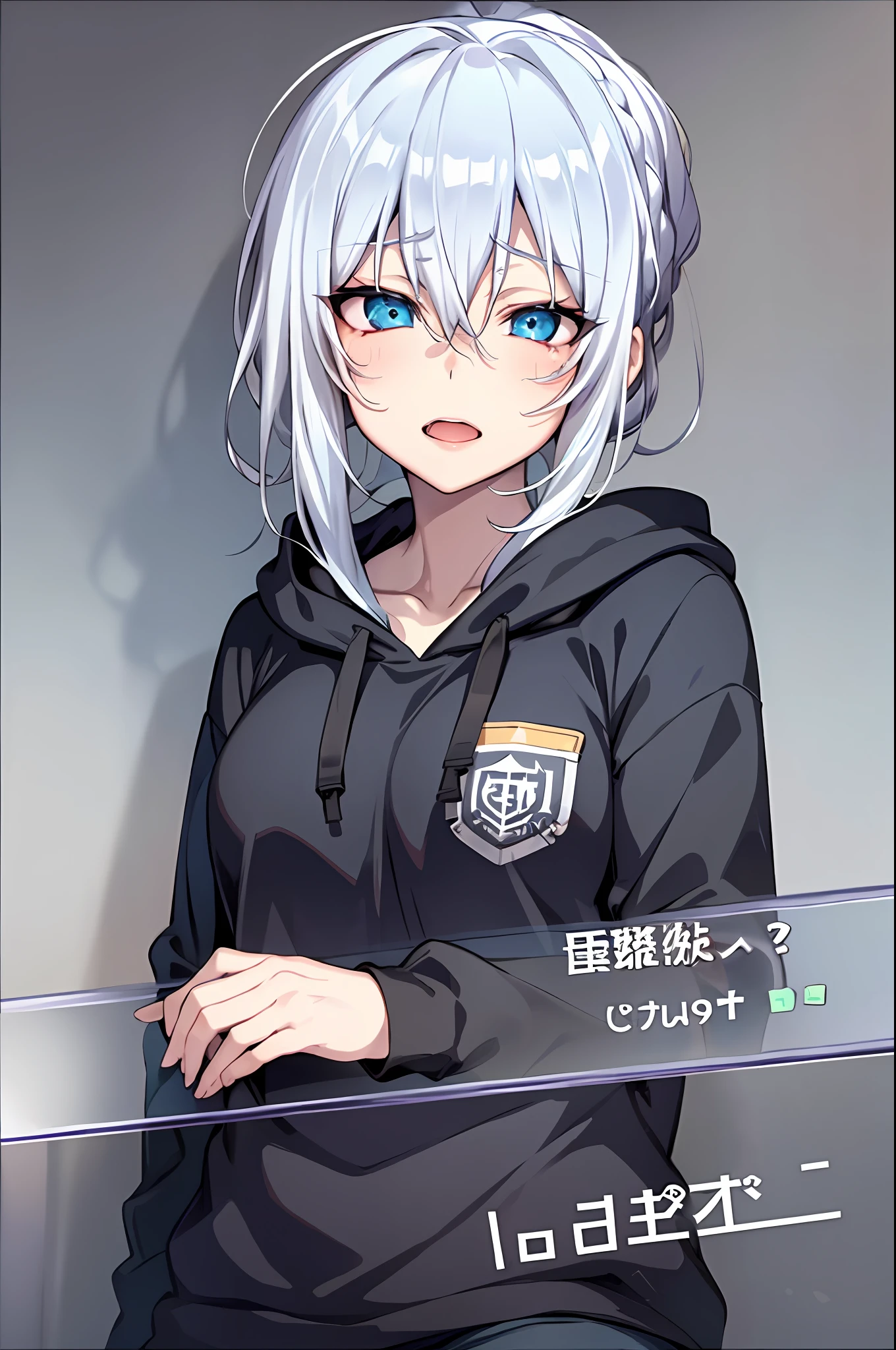 Yukino, Silver hair and eyes in a black hoodie, anime visual of a cute girl, screenshot from the anime film, & her expression is solemn, ahegao face, in the anime film, in an anime, anime visual of a young woman, she has a cute expressive face, still from anime