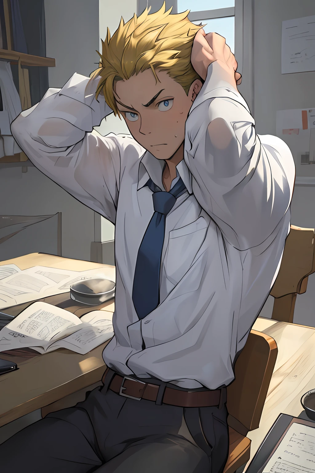 (1 Adult male),A high resolution, Sharp focus, Pixiv masterpiece, ((Complicated details)), highly detailed, natsuki_subaru, 1 man,sit astride, Lazy,CRIT,full bodyesbian,Stretch out, blue color eyes(eyes glowing), Short yellow hair,white shirt,Wear a tie,Wear a belt,perspire,rain,Drenched,Sweaty crotch,look from down