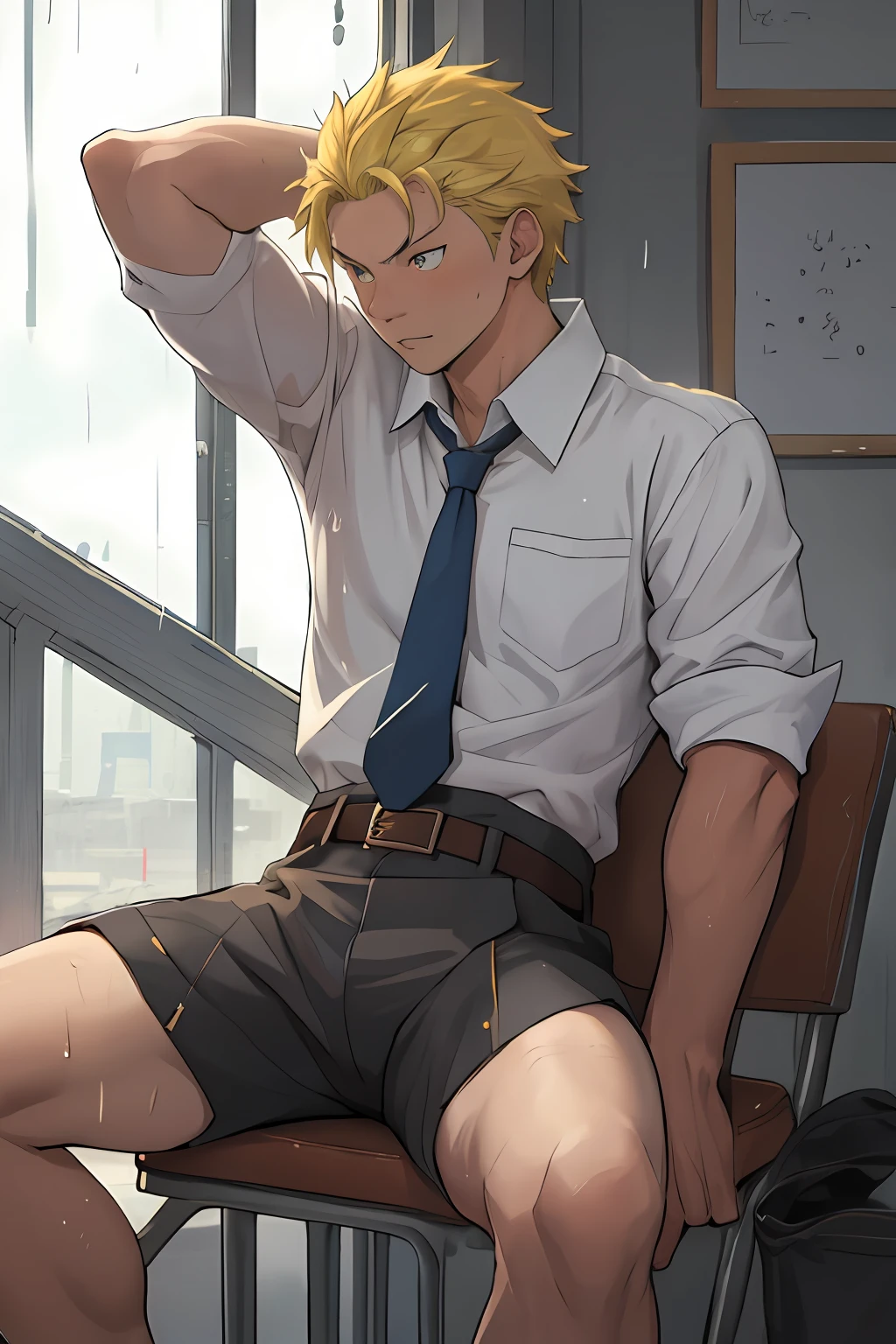 (1 Adult male),A high resolution, Sharp focus, Pixiv masterpiece, ((Complicated details)), highly detailed, natsuki_subaru, 1 man,sit astride, Lazy,CRIT,full bodyesbian,Stretch out, blue color eyes(eyes glowing), Short yellow hair,white shirt,Wear a tie,Wear a belt,perspire,rain,Drenched,Sweaty crotch,look from down