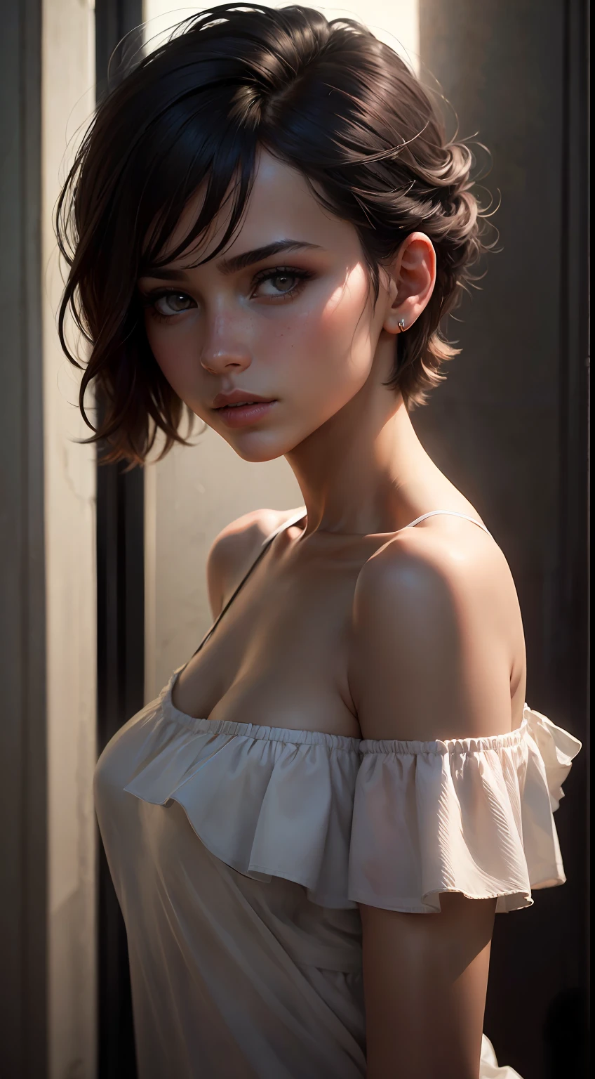 Best quality, masterpiece, ultra high res, (photorealistic:1.5), raw photo, 1girl, offshoulder, in the dark, deep shadow, low key, cold light, sexy look, short hair