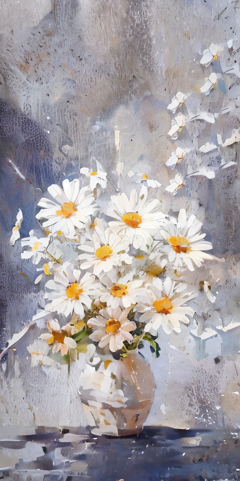 Draw a bottle of daisies and other flowers on the table, Daisies, realistic flowers oil painting, impasto oil painting, oil paint impasto relief, oil paint impasto relief, impasto painting, Oil paintings, oil painting h 768, beautiful art, Impasto paint, detailed impasto, Palette knife painting