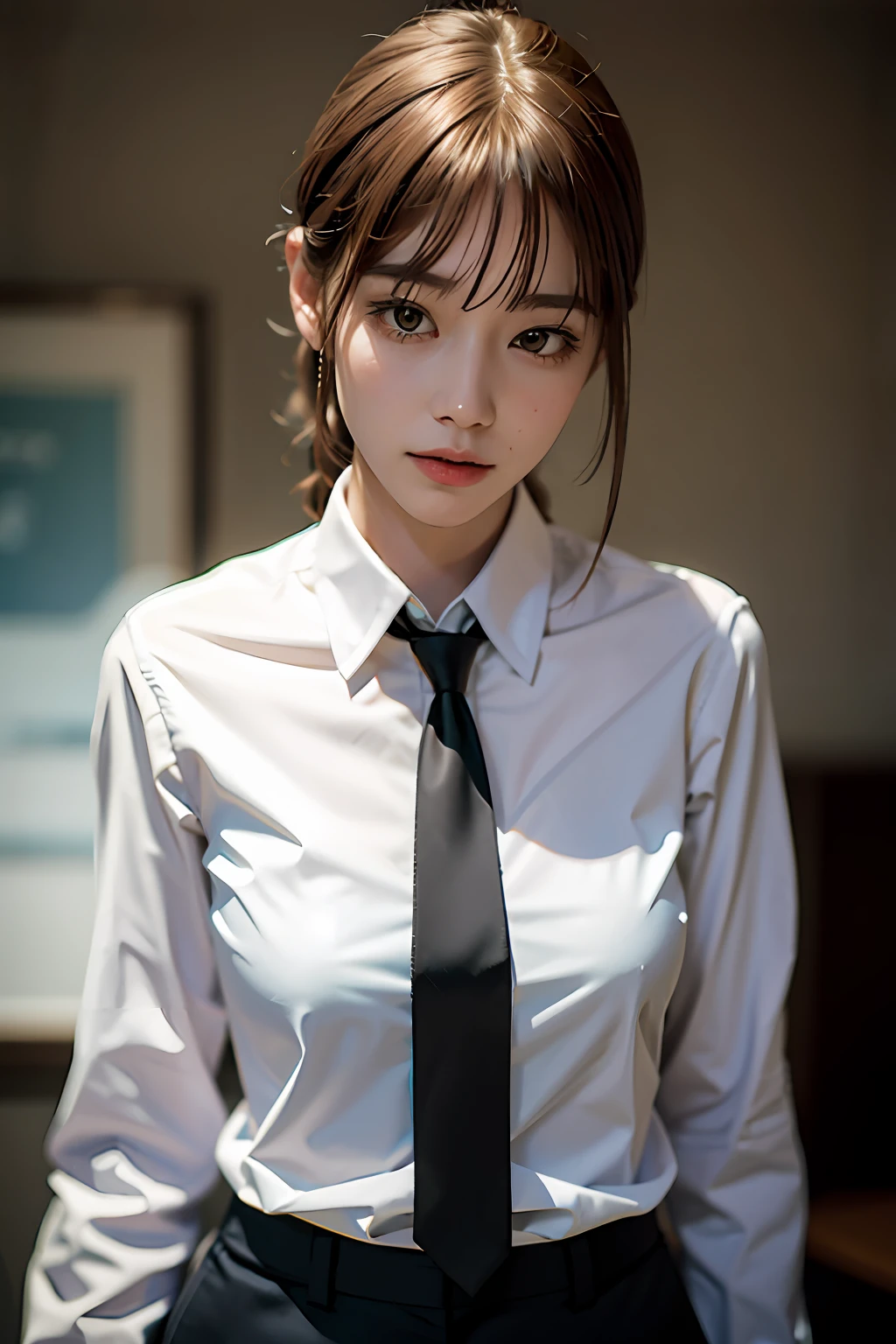Detailed shiny skin, (Realistic, photo-realistic:1.4), A pretty girl, standing, looks out the window, White shirt, Collared shirt, black necktie, Black trousers, Long sleeves, Slight smile (nose blush), Yellow eyes + ringed eyes, Short hair + Red hair + long braided hair, makima \(Chainsaw man\) White shirt, Collared shirt, black necktie, Black pants,Bored ,cornea_makima