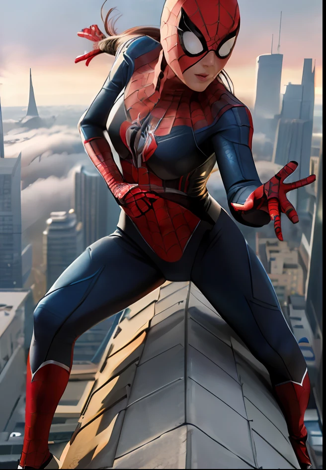 (1girl:1.3), Solo, (((Very detailed face)))), ((Very detailed eyes and face)))), Beautiful detail eyes, Body parts__, Official art, Unified 8k wallpaper, Super detailed, beautiful and beautiful, beautiful, masterpiece, best quality, original, masterpiece, super fine photo, best quality, super high resolution, realistic realism, sunlight, full body portrait, amazing beauty, dynamic pose, delicate face, vibrant eyes, (from the front), She wears Spider-Man suit, red and black color scheme, spider, very detailed city roof background, rooftop, overlooking the city, detailed face, detailed complex busy background, messy, gorgeous, milky white, highly detailed skin, realistic skin details, visible pores, clear focus, volumetric fog, 8k uhd, DSLR, high quality, film grain, fair skin, photo realism, lomography, futuristic dystopian megalopolis, translucent