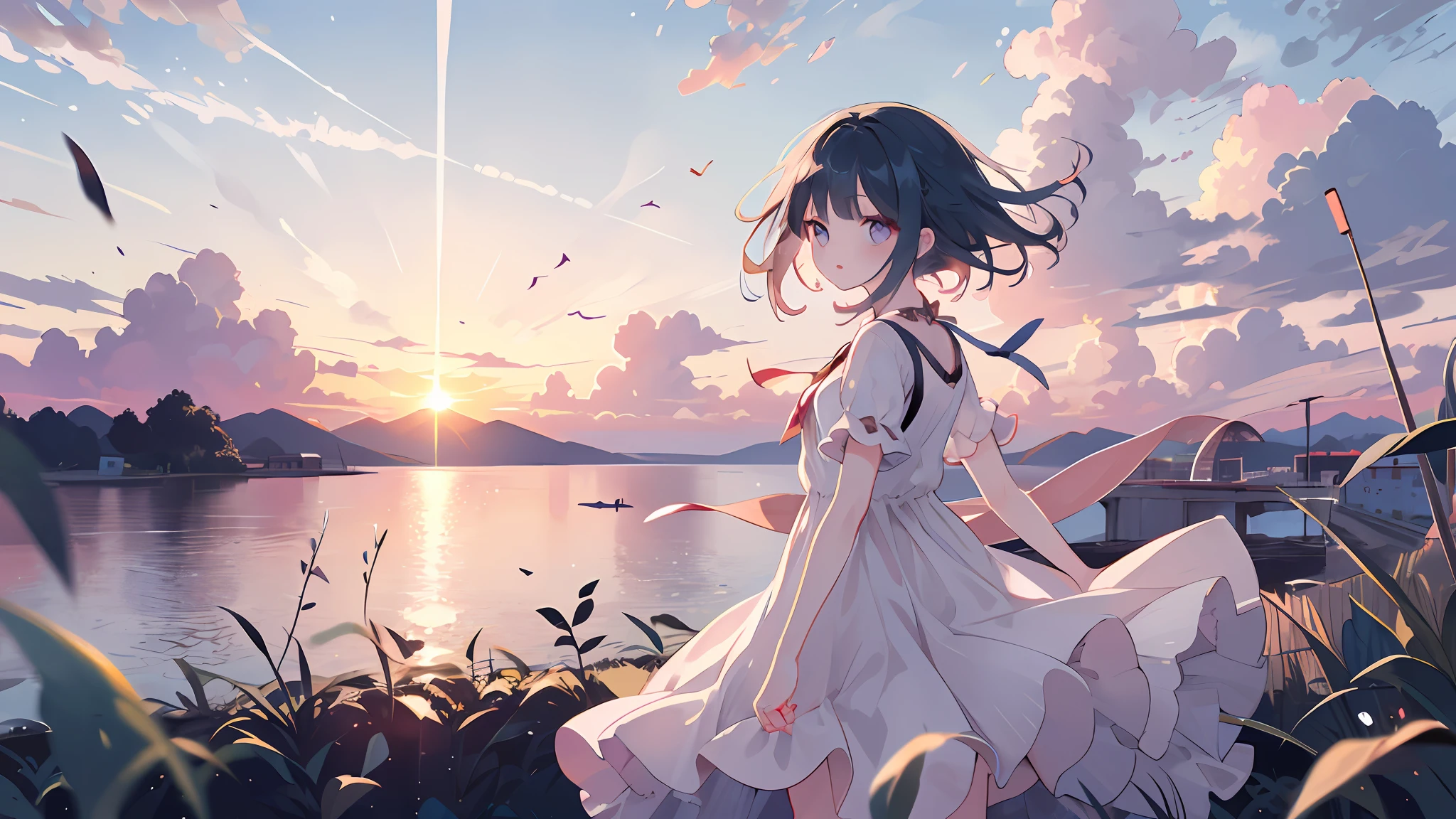 1 girl in、Hair blown in the wind、early evening, Beautiful sunset, summer evening