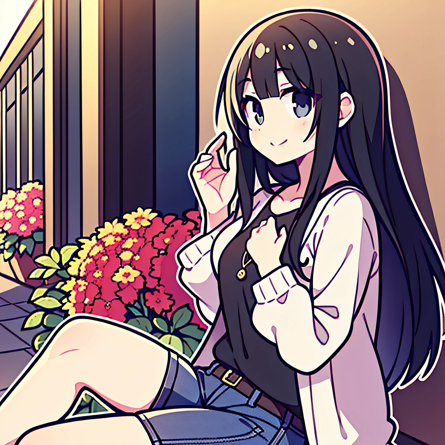 a pregirl,black hair longhair,ssmile,Black colored eyes,CasualClothing