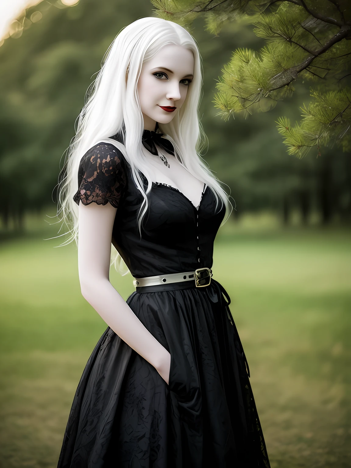 female vampire|albino,pale porcelain skin, vintage black dress, smile, shallow depth of field, sadistic, nightfall, detailed face, night,wide hips,narrow waist,portrait of woman standing,detailed eyes, portrait of woman standing,8k RAW photo, highest quality, (looking at the viewer:1.3), best shadow, intricate details, (bold hair:1.3),(bright eyes),forest, grave,gothic,goth