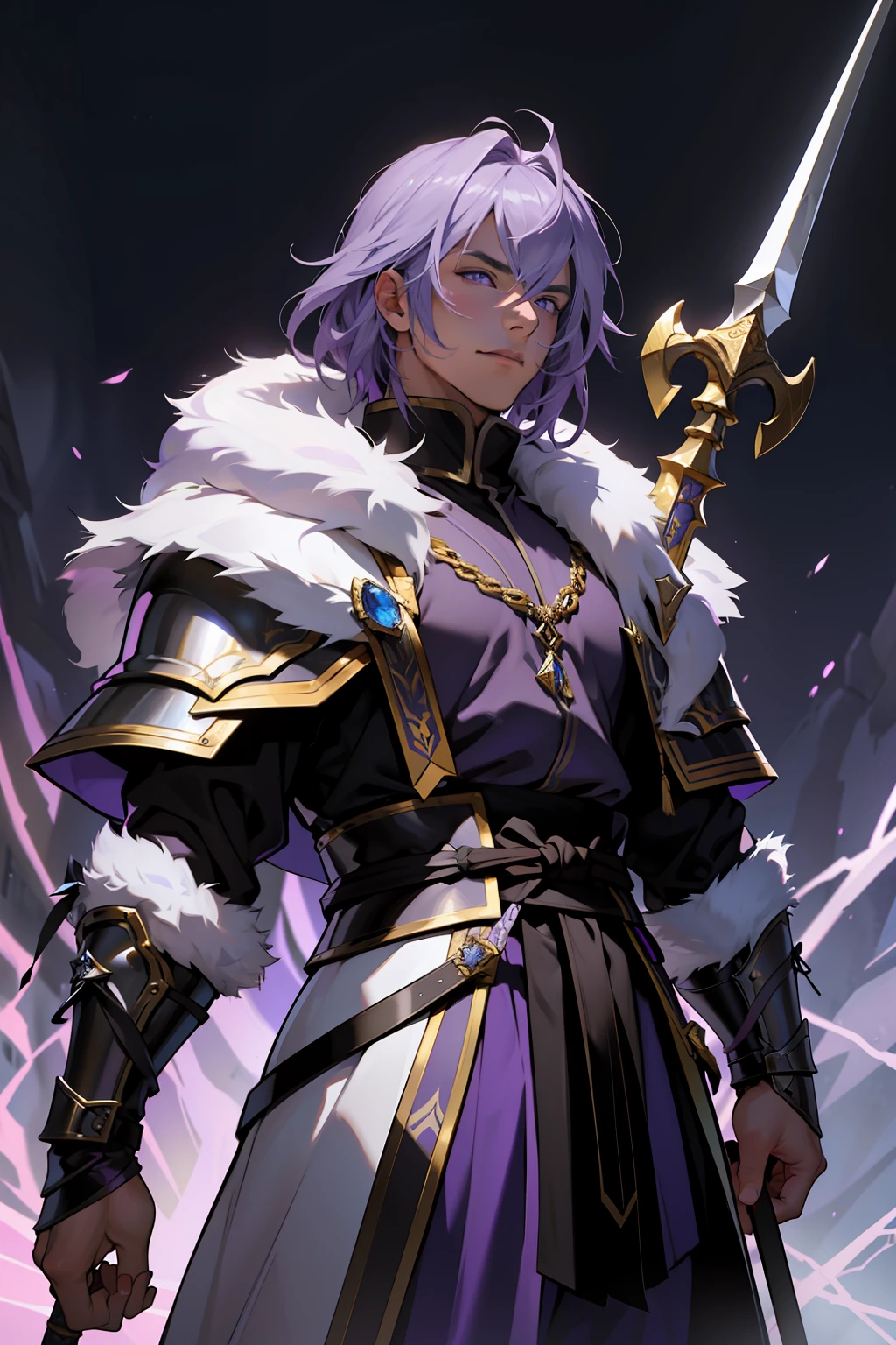 The facial features are clear and three-dimensional，Masterpiece，Highest quality，Handsome male guy，Purple colored hair，Wearing silver-white armor，Animal fur coat，holy paladin，European knights，medieval times，raiden，golden majical lightning，With a spear in his hand，depth of fields，