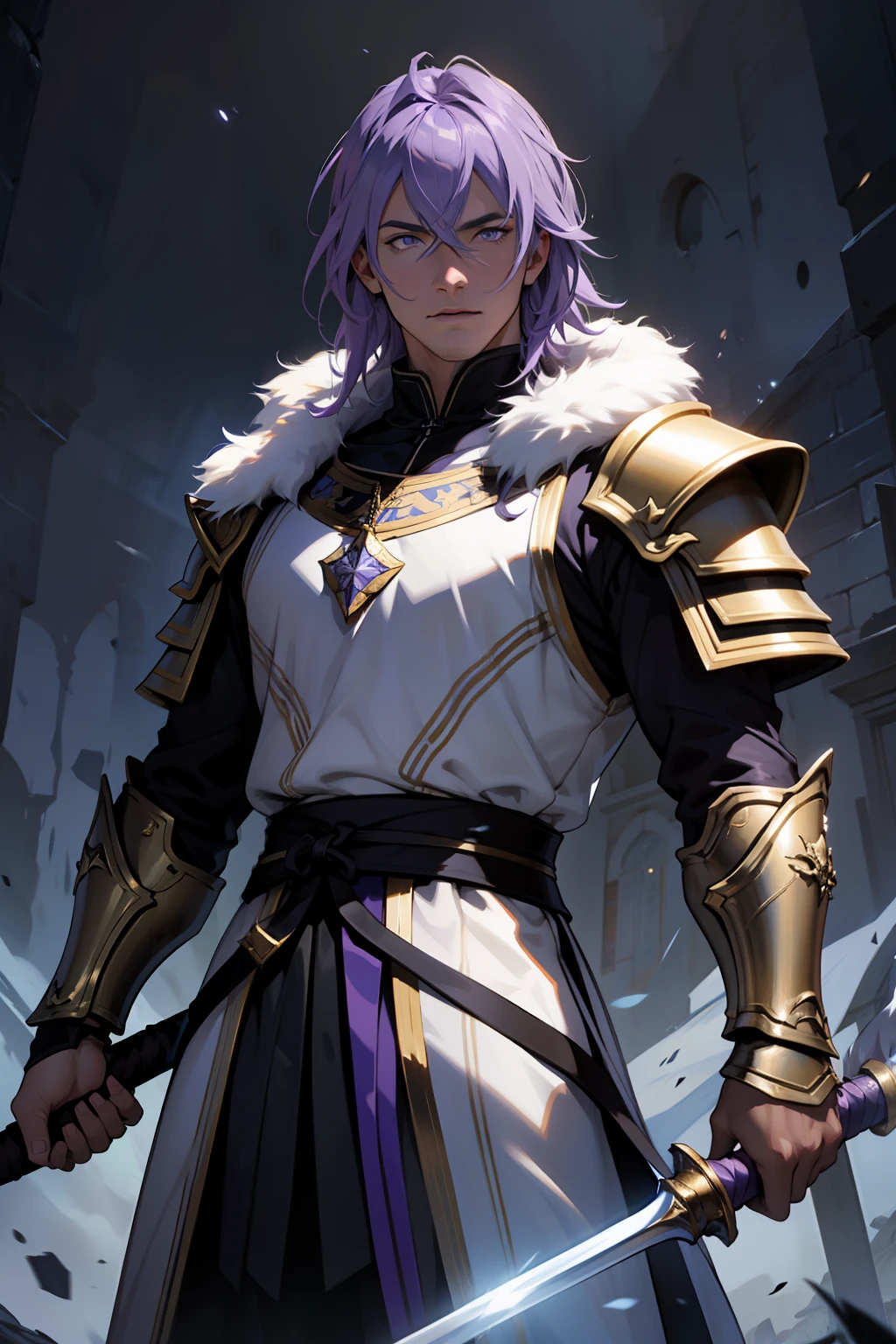 The facial features are clear and three-dimensional,Masterpiece,Highest quality,Handsome male guy,Purple colored hair,Wearing silver-white armor,Animal fur coat,holy paladin,European knights,medieval times,raiden,golden majical lightning,With a spear in his hand,depth of fields,