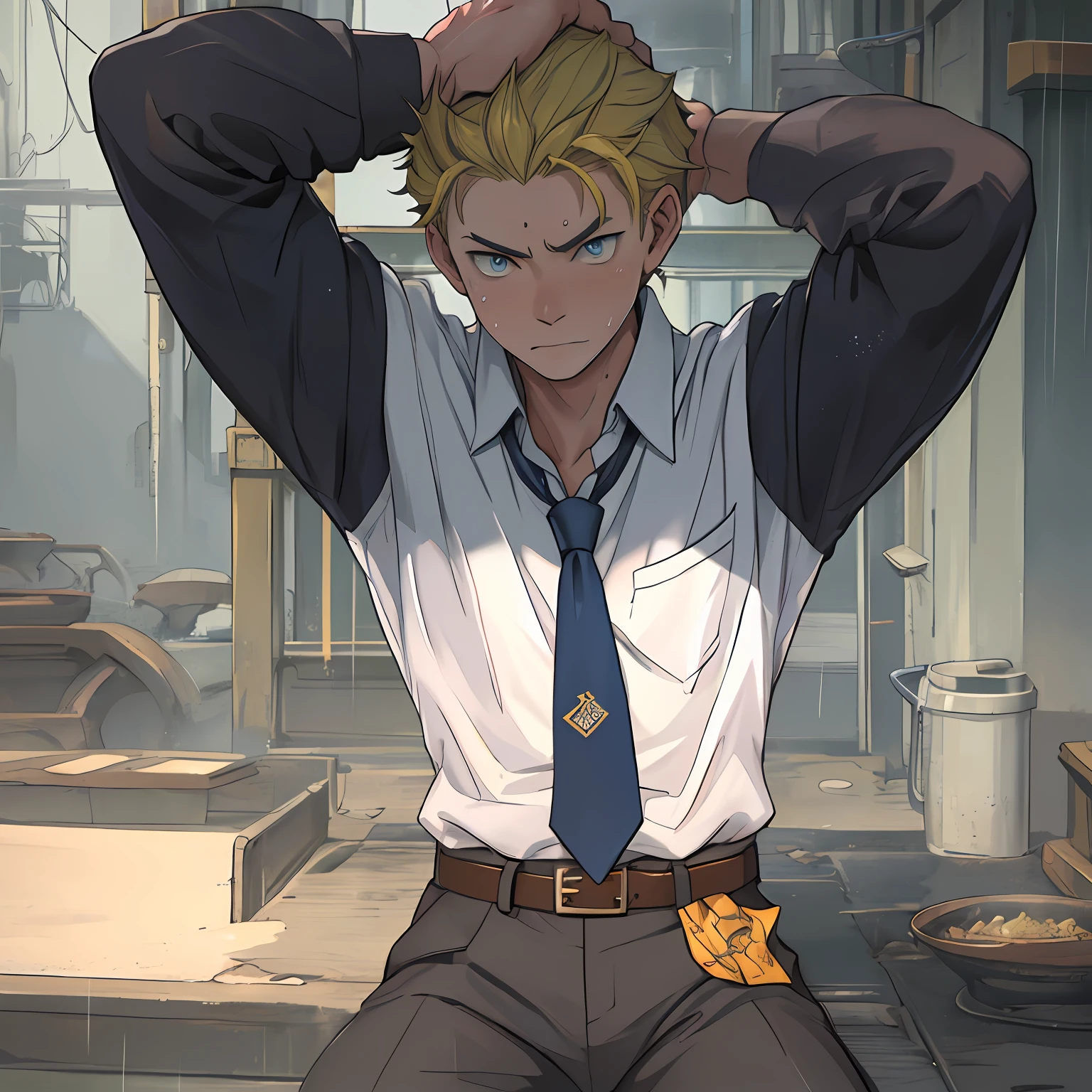 (1 Adult male),A high resolution, Sharp focus, Pixiv masterpiece, ((Complicated details)), highly detailed, natsuki_subaru, 1 man,sit astride, Lazy,CRIT,full bodyesbian,Stretch out, blue color eyes(eyes glowing), Short yellow hair,white shirt,Wear a tie,Wear a belt,perspire,rain,Drenched,Sweaty crotch,look from down