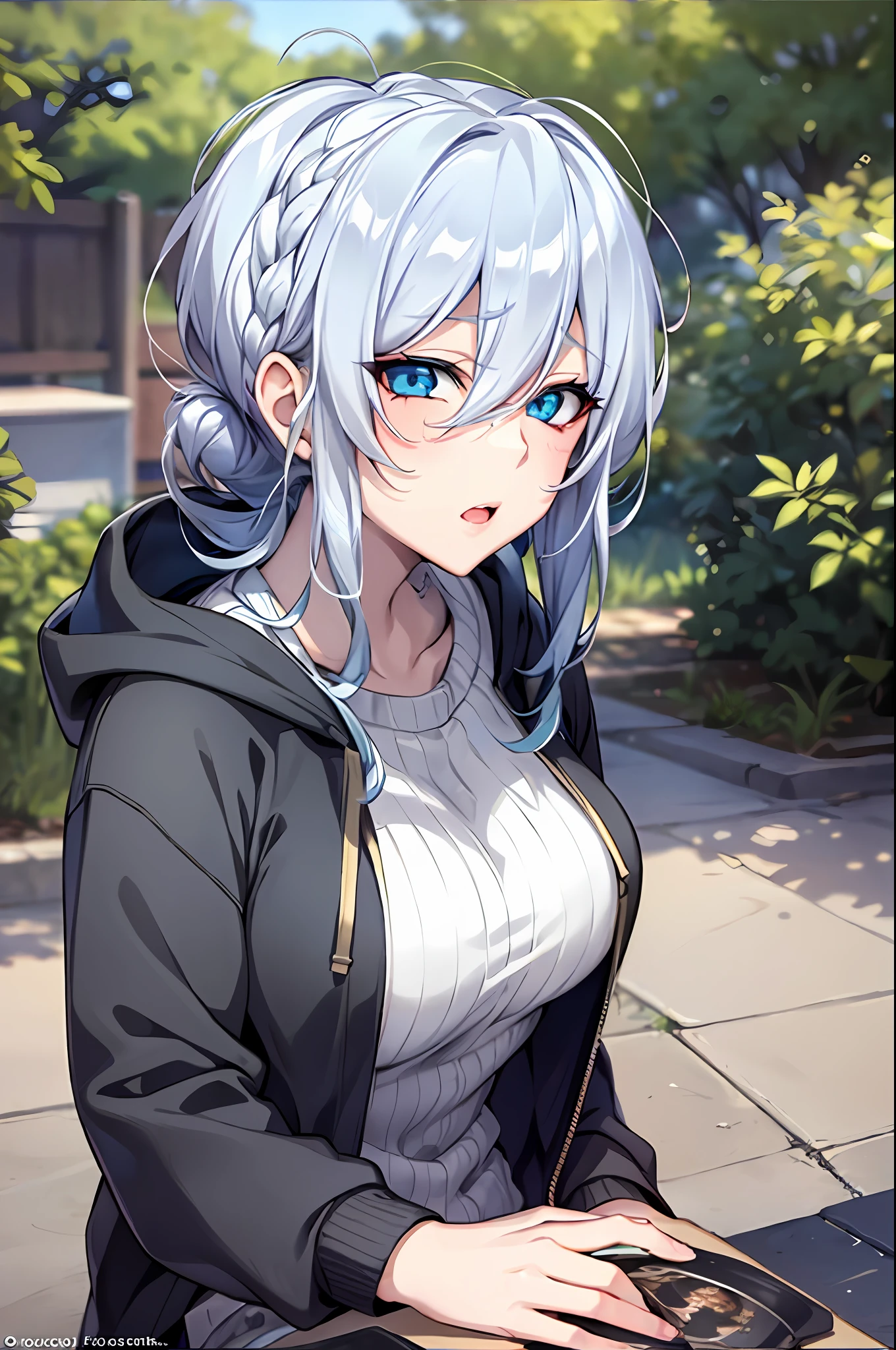 Silver hair and  eyes in a black hoodie, anime visual of a cute girl, screenshot from the anime film, & her expression is solemn, ahegao face, in the anime film, in an anime, anime visual of a young woman, she has a cute expressive face, still from anime