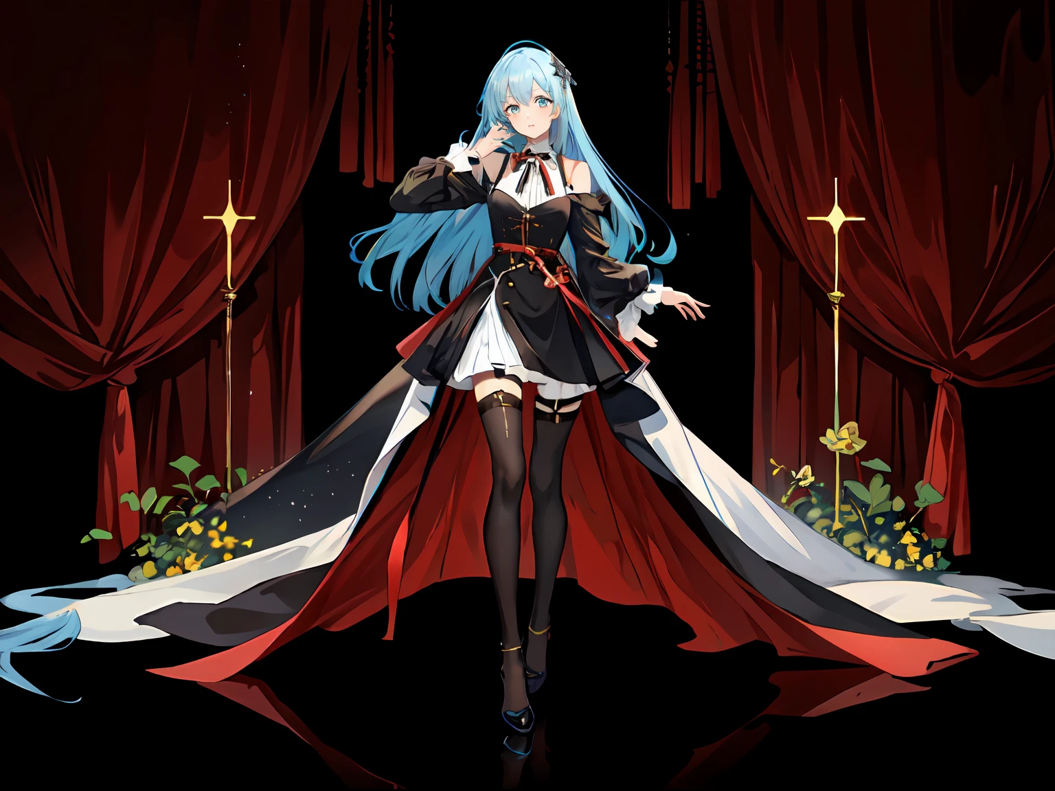 Full body photo, a pregirl, blue hairs, red color eyes, Long legs, Wearing black stockings, Loose hair, projected inset, high details, high quality, textured skin, masterpiece