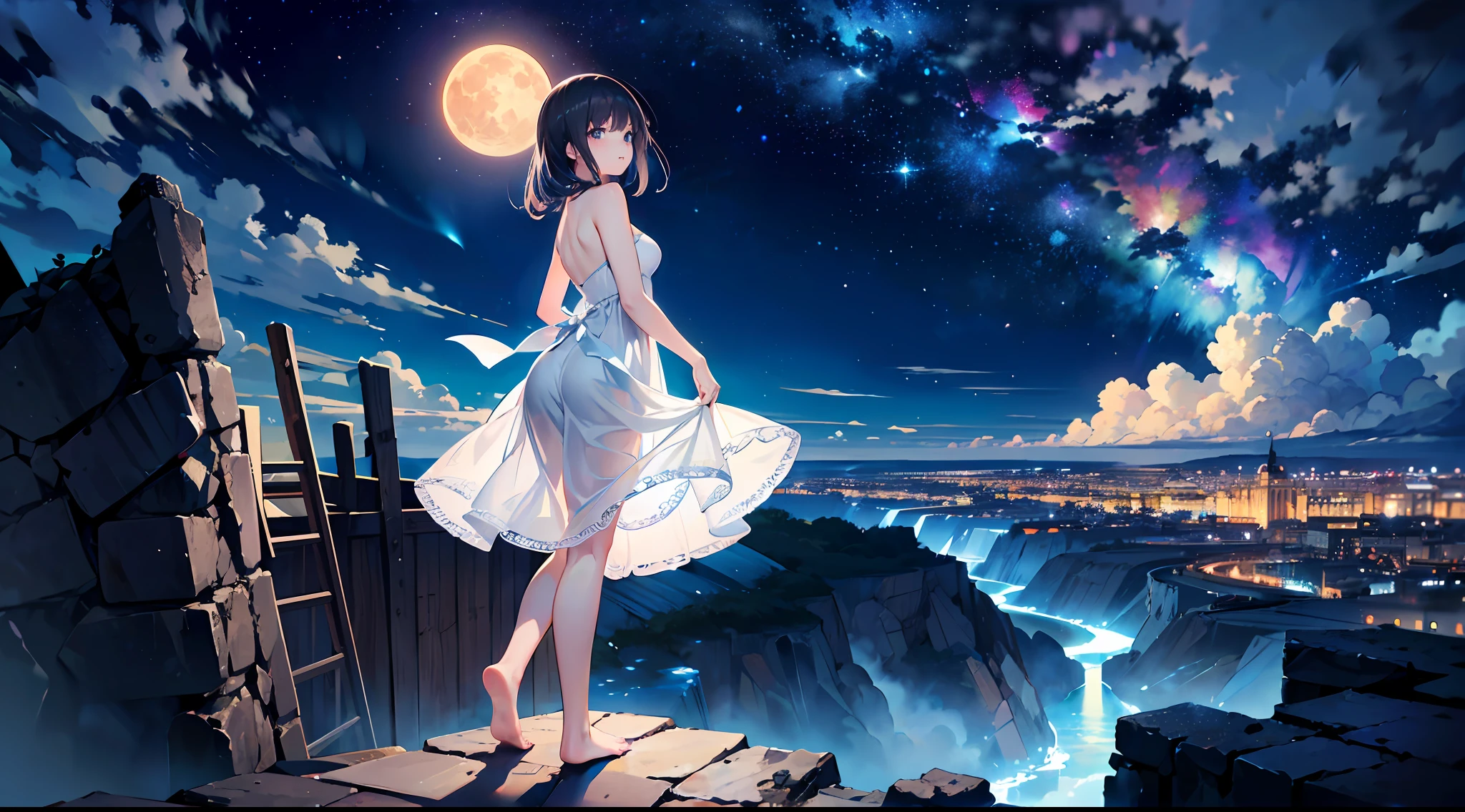 (Masterpiece, top quality, super detailed CG, ultra detailed beautiful face and eyes,super detailed, intricate details:1.2), 8k wallpapers, elaborate features,
(1 person, solo:1.4)perfect cartoon illustration,(1 person, solo:1.4)
(realistic textures:0.8), high res, cute, (vivid colors, dynamic lighting:1.0), (high contrast:0.8),
A girl (in her teens) with a mysterious atmosphere overlooking the lowlands from the top of a steep cliff, very pretty face, long glossy black hair, clear sky-blue eyes, clear skin, slender arms and legs (both barefoot), wearing only a white dress that reaches down to her calves, surrounded by blue phosphorescence. Blue phosphorescence surrounds her, ruins spread far and wide in front of her, the place is a fantastic and vast urban ruin, the time is night and the area is dark, but stars and a big moon are shining brightly in the sky, back view, so that her whole body is included in the illustration.