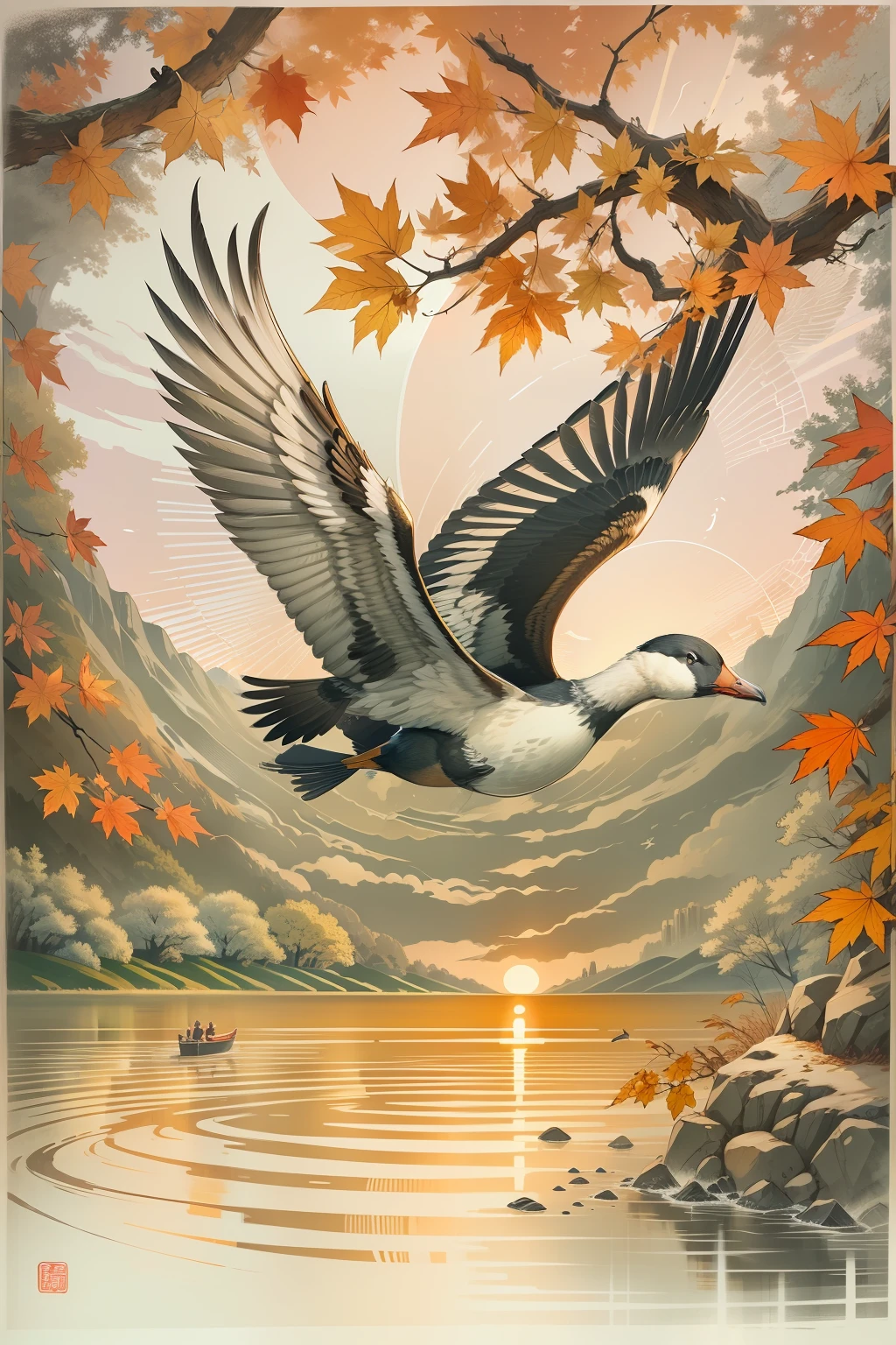 in style of logo设计|pen and ink artwork ,flying Wild goose，the sunset，maple leaves，Lake surface