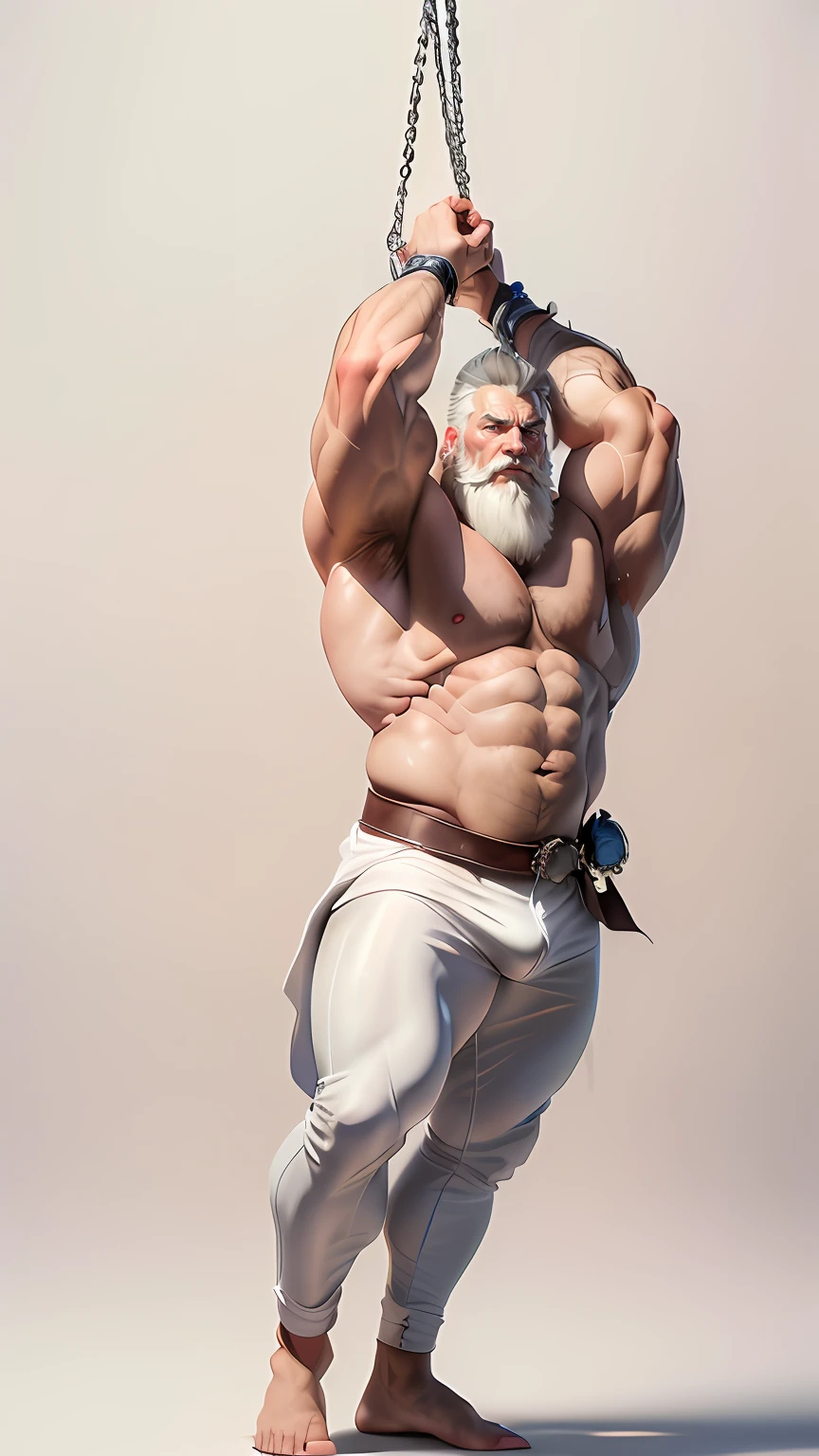 (masterpiece, highres, ultra detailed, best quality:1.2), (colorful, depth of field, dutch angle, person-centric:1.4), (chubby: 2), (anger: 1.5), (blush: 1.5), (heavy breathing: 1.5), (big eyes: 1.5), (white body hair: 1.5) (long white hair: 1.5), (long and thick white beard: 1.5), (wrinkled skin: 1.5), a close up of a cartoon of a man with a beard muscular character, strong chest, muscular characters, muscular! white, muscular male hero, strong arms, large muscles, Reinhardt Wilhelm from Overwatch, Reinhardt, old man, mature man, white hairs, white beard, solo, male focus, muscular, topless male, thick abs, mature male, pectorals, thick stomach, chest hair, navel, large pectorals, thick wrists, showing armpits, hands chained, captured, arms up, hands chainedby thick handcuffs,
legs chained by thick handcuffs, barefoot
