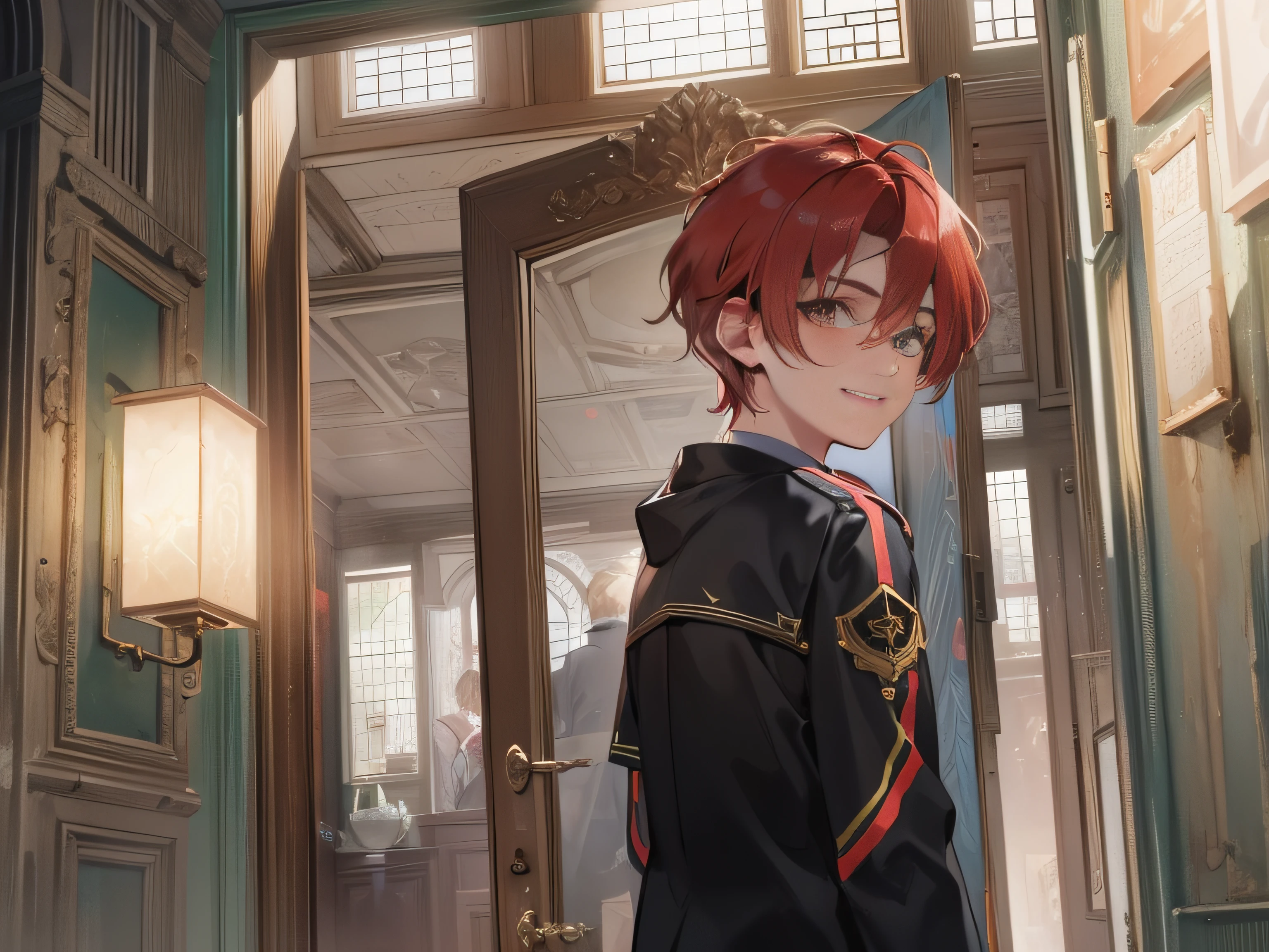 A 16-year-old boy with short red hair and a black school uniform,Leaning on the door frame,Smile on your face,grand master,tmasterpiece,8k wallpaper,CG,Ultra-high image quality