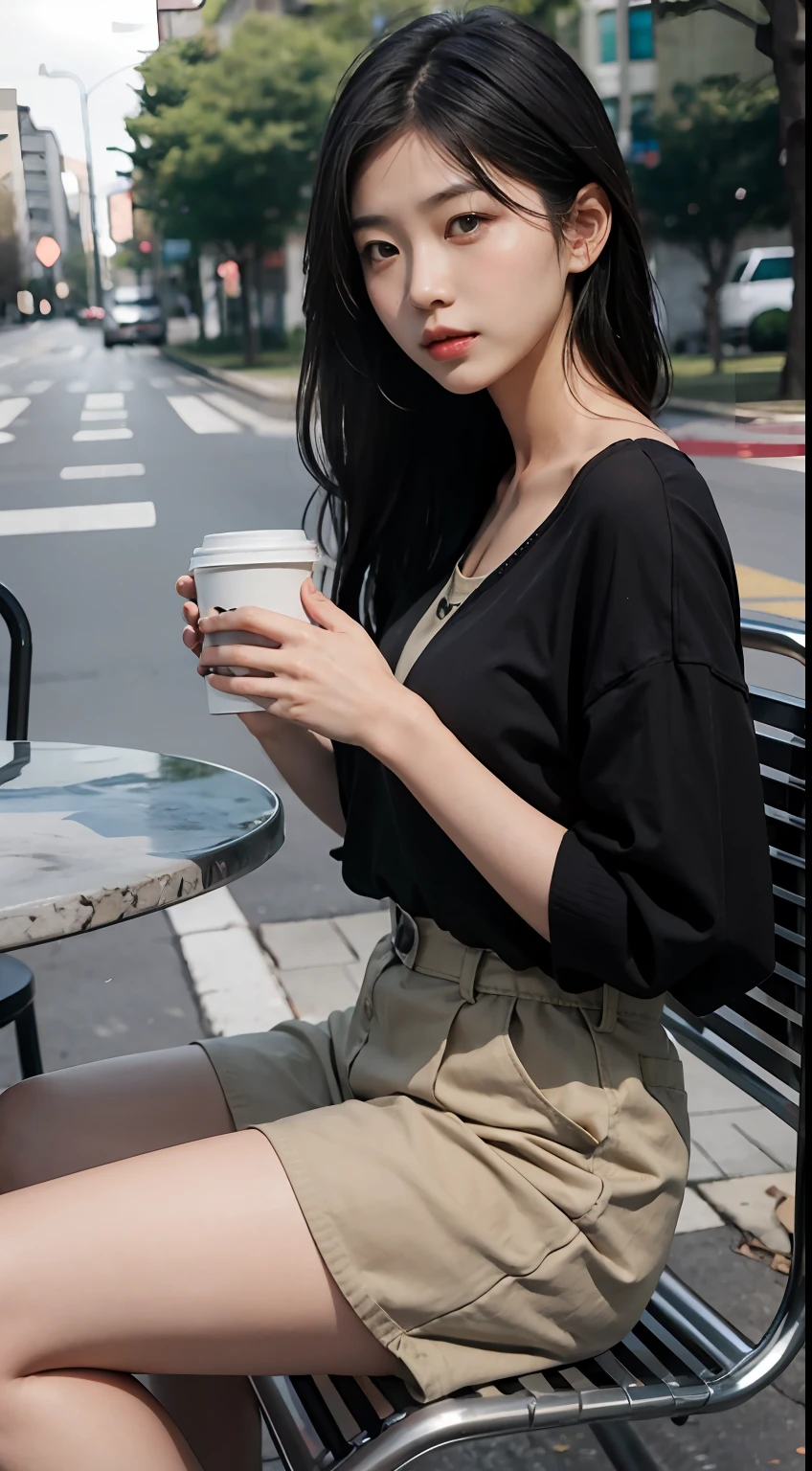 Innocent asian girl sitting on a park chair, Realistis, He holds a take-out coffee cup in his right hand, Asian man standing next to him, Man talking to woman,