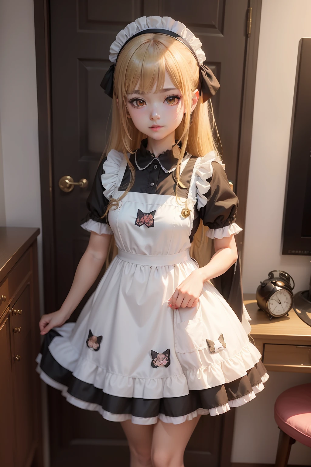 Have a cell phone、Anime girl in maid dress looking at camera, anime girls in maid costumes, Lori, ( ( misa amane # ) ), loli in dress, made with anime painter studio, maid clothes, anime cat girl in a maid costume, Anime princess, maid, kinmoza!, umineko, small li girl