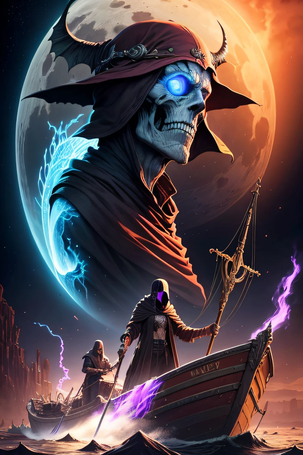 Charon, the ferryman of Death, drives the boat carrying the souls of the dead men across the River Styx, The atmosphere is infernal, drawing by Moebius, greg rutkowsky, bernie wrightson, milo manara, horacio altuna, vicente segrelles, frank miller, frank frazetta, with a cyberpunk style, volumetric and vibrant colors, and a dynamic feel. The artwork is reminiscent of the Metal Hurlant and Cimoc magazines, with designs inspired by Moebius. It's ultra-realistic, incredibly detailed, and available in 4K resolution.