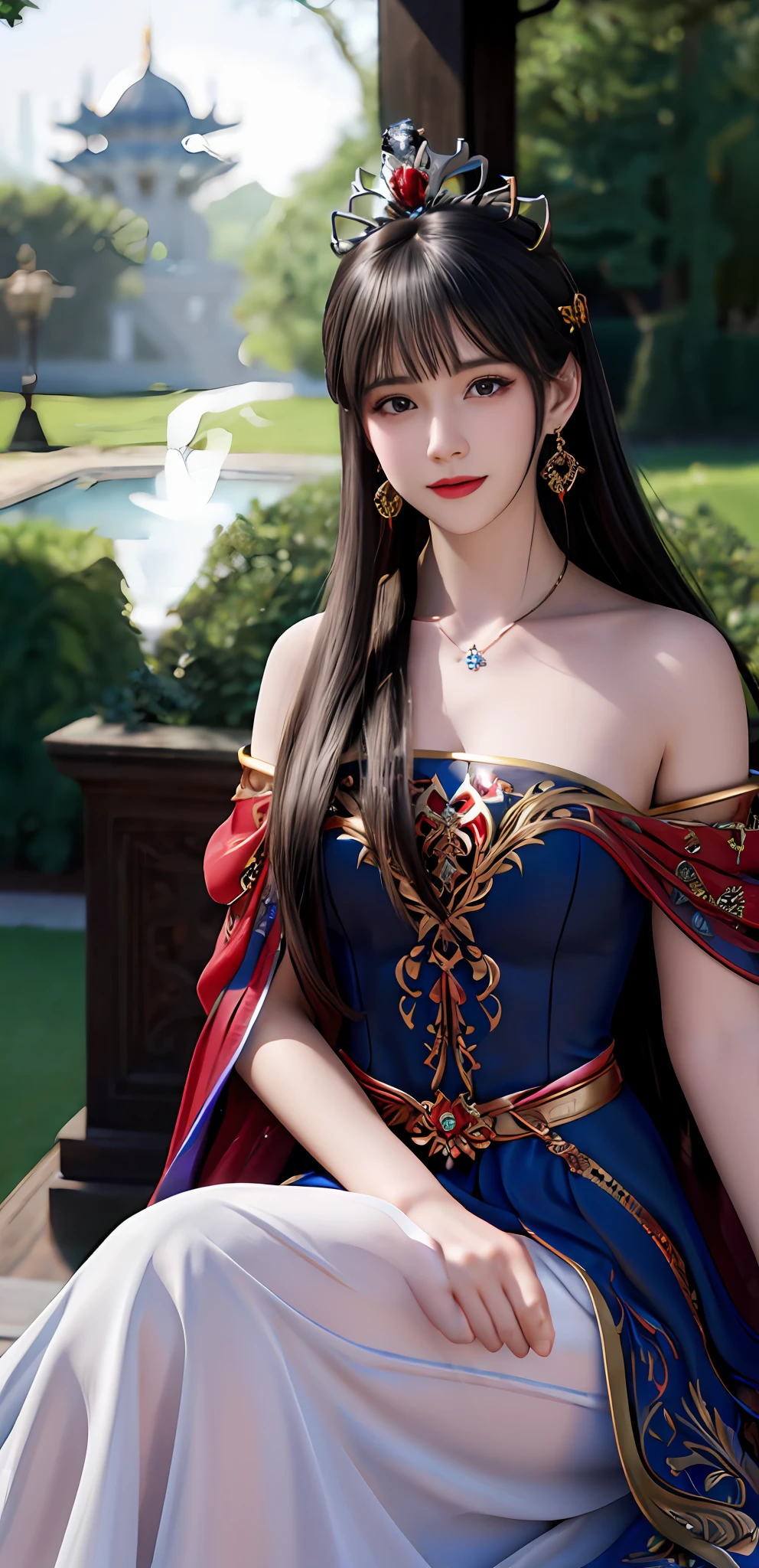(realisticity: 1.2), best quality, 8K UHD, masterpiece, highres,cg,
1girl, queen, sword, sitting on a royal throne details, luxurious royal palace background, beautiful and detailed, super detailed long hair, wearing a beautiful and luxurious crown with diamonds and super detailed,
super detailed dress,
solo, jewelry, super detailed red and blue dress,
, earrings, super detailed hairdo, splashing, the upper body is very super detailed, super detailed hair bun, super detailed black hair,
lighting,candid,Photograph,high resolution,4k,8k,Bokeh,