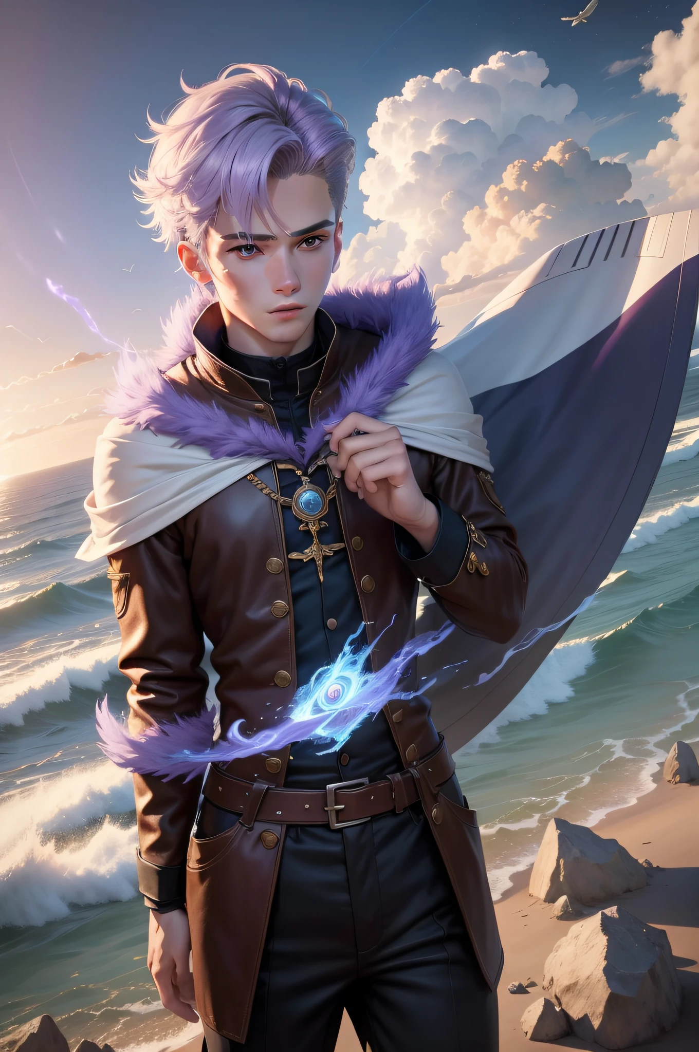 The animations are rich in detail，This is a high-quality 8K masterpiece，18 years old man，Handsome and silent，Love flying，Ultra-short hair：1:2，Lilac hair，Wind elemental magic，Windstorm