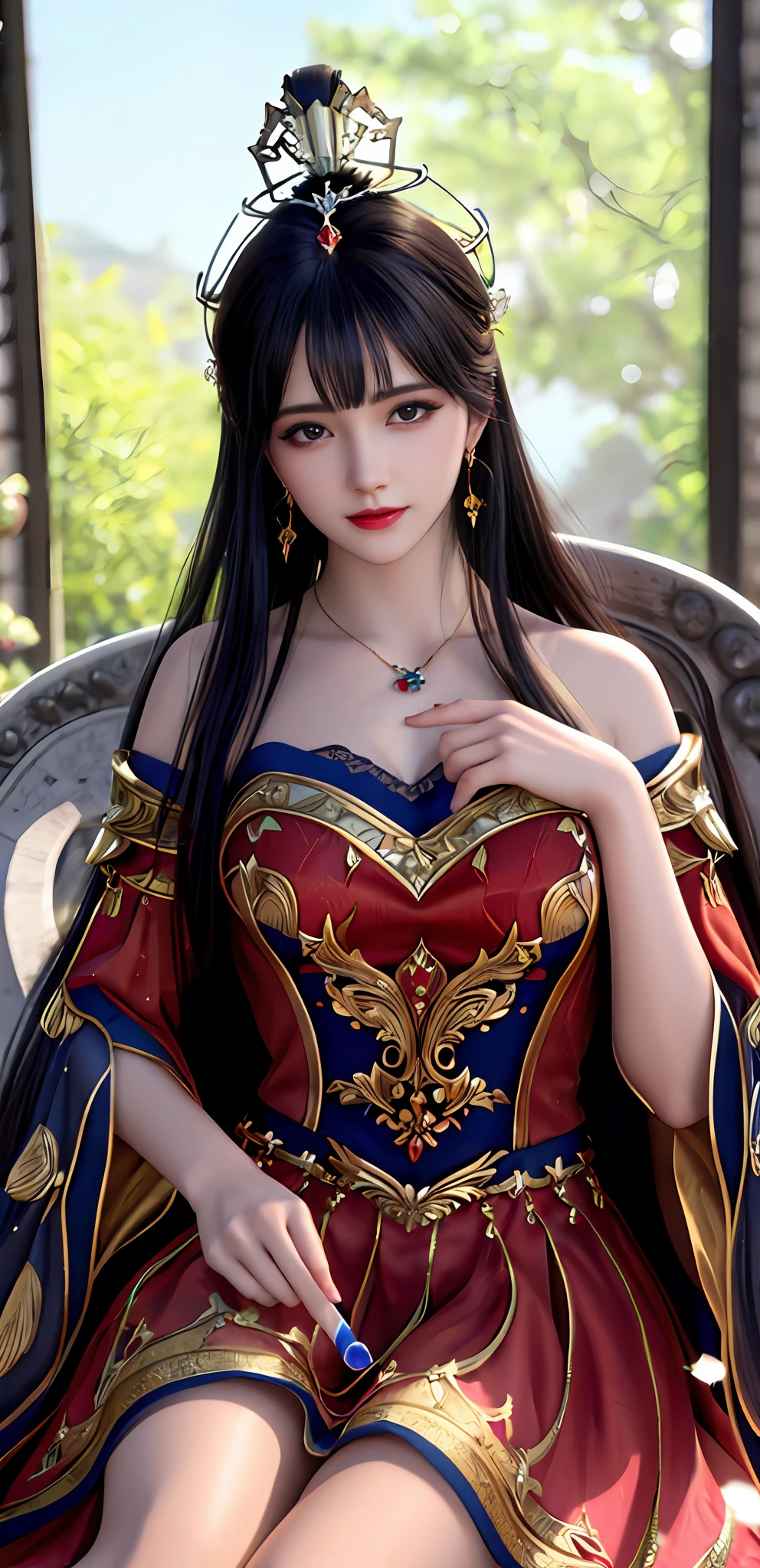 (realisticity: 1.2), best quality, 8K UHD, masterpiece, highres,cg,
1girl, queen, sword, sitting on a royal throne details, luxurious royal palace background, beautiful and detailed, super detailed long hair, wearing a beautiful and luxurious crown with diamonds and super detailed,
super detailed dress,
solo, jewelry, super detailed red and blue dress,
, earrings, super detailed hairdo, splashing, the upper body is very super detailed, super detailed hair bun, super detailed black hair,
lighting,candid,Photograph,high resolution,4k,8k,Bokeh,