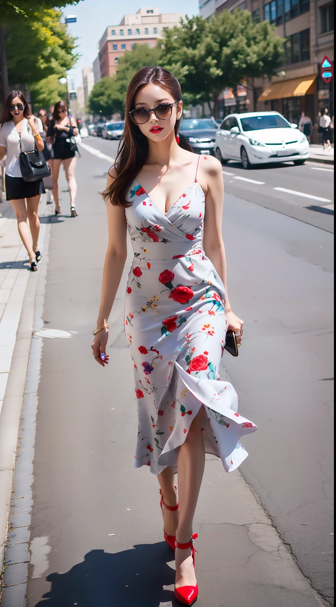 A girl walks down the street，white  shirt，Purple floral long dress，Fair calf，red high heel pumps