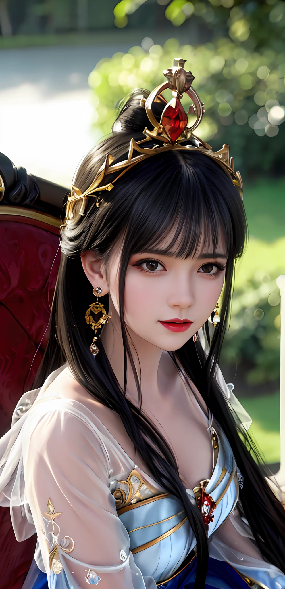 (realisticity: 1.2), best quality, 8K UHD, masterpiece, highres,cg,
1girl, queen, sword, sitting on a royal throne details, luxurious royal palace background, beautiful and detailed, super detailed long hair, wearing a beautiful and luxurious crown with diamonds and super detailed,
super detailed dress,
solo, jewelry, super detailed red and blue dress,
, earrings, super detailed hairdo, splashing, the upper body is very super detailed, super detailed hair bun, super detailed black hair,
lighting,candid,Photograph,high resolution,4k,8k,Bokeh,