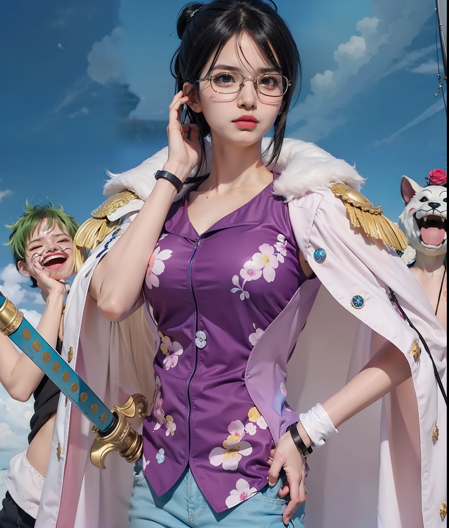 tashigi \(one piece\),
1girl, have a eye glasses and a sword, black eyes, short hair and twintail, black hair, blue pants,background in ship,sky.very realistic detail art
, ((masterpiece))