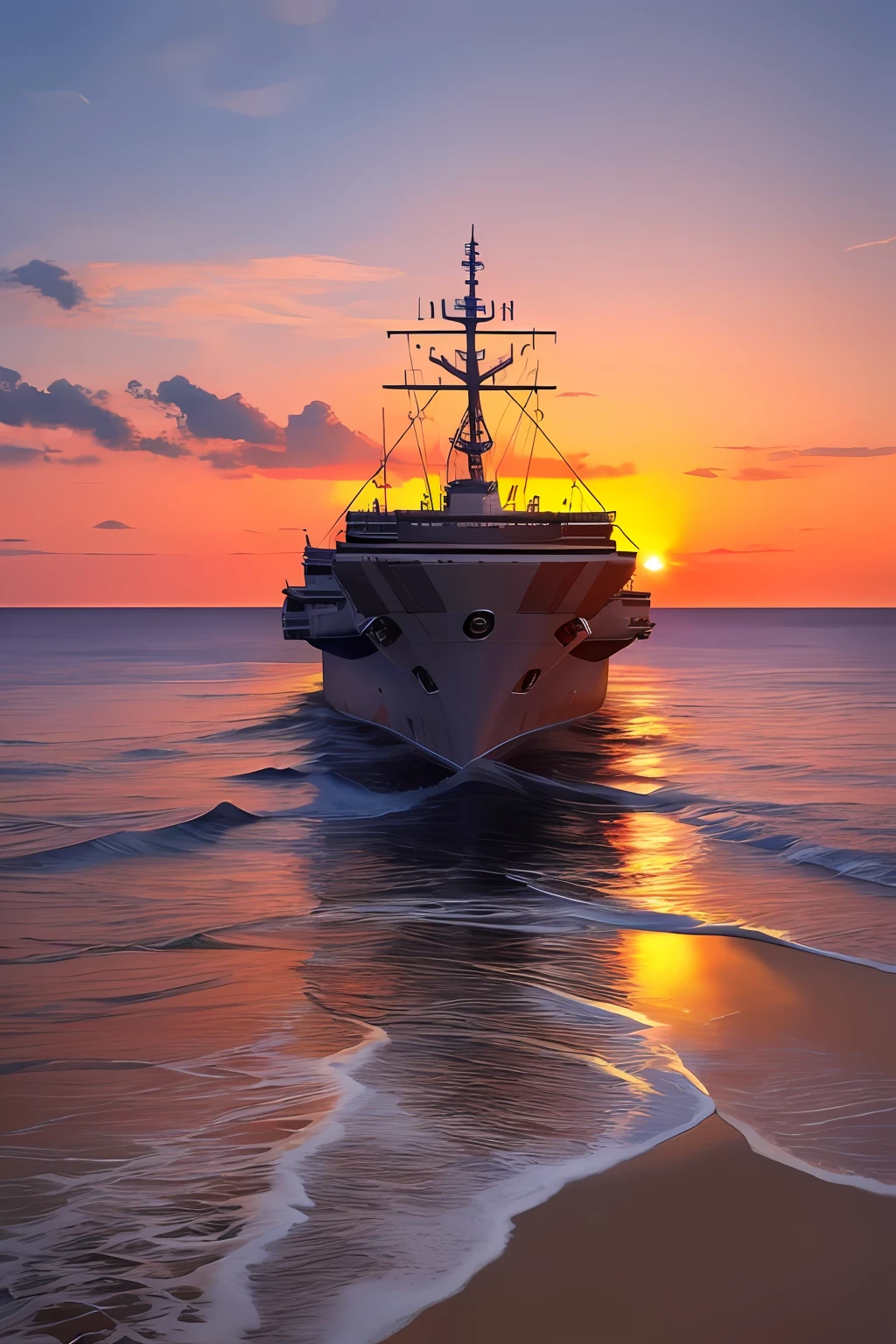 (Masterpiece, Realistic:1.3), shipyard building an aircraft carrier,  Sharp, Detailed, 4k texture,Sunset over the ocean，There is a ship in the distance, Image source：Jan Tengnagel, pexels, romanticism lain, The most beautiful sunset, which shows a beach at sunset, as the sun sets on the horizon, the glimmering orange dawn, Sunset view, at a beautiful sunset, sunsettime, late sunset, trending photo, colours of the sunset