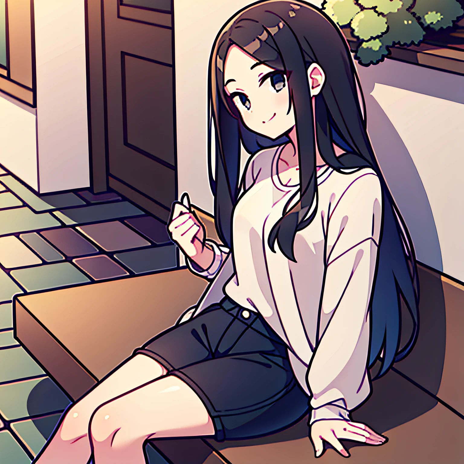 a pregirl,black hair longhair,ssmile,Black colored eyes,CasualClothing,sitted