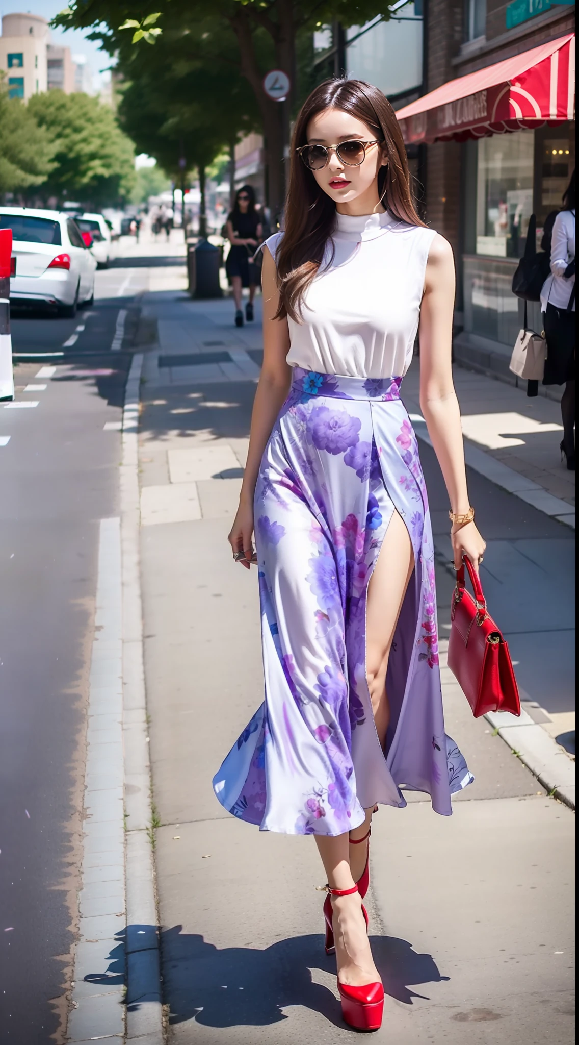 A girl walks down the street，white  shirt，Purple floral long dress，Fair calf，red high heel pumps