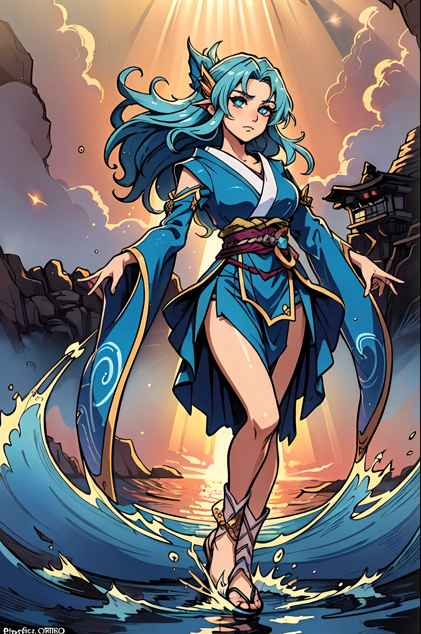 a beautiful woman with long-haired, aquamarine-colored hair flowing like waves, her enchanting face carries a melancholic expression, her tall and slender figure moves like captivating water splashes in the wind, wears a splendid fantasy-style islander ethnic costume, a short skirt resembling ocean waves, the character design depicting a fantasy-style female dancer with a Japanese anime design, the artwork features finely detailed character design, showcasing a mature Japanese manga artistic style, ((character concept art)), full body character drawing, goddess, high definition, best quality, ultra-detailed, extremely delicate, anatomically correct, symmetrical face, extremely detailed eyes and face, high quality eyes, creativity, RAW photo, UHD, 8k, (Natural light, professional lighting:1.2, cinematic lighting:1.5), (masterpiece:1.5)