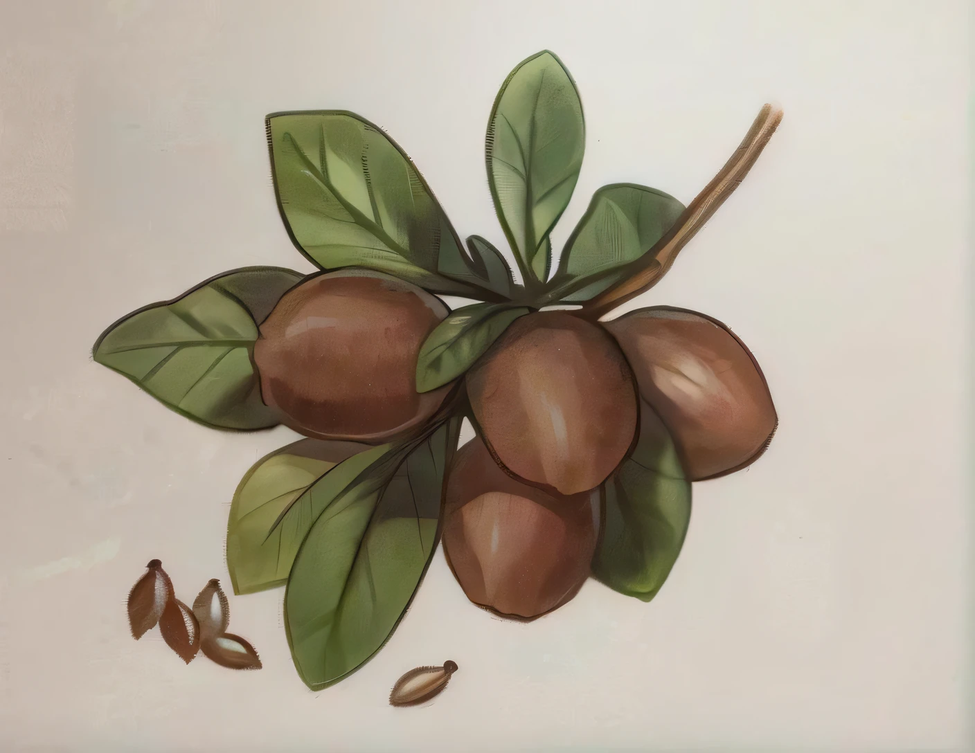 On the branch is a drawing of a bunch of tea seed oil fruits, finely detailed illustration, author：Ayako hexagon, botanical drawing, Botanical illustration, Shade of dark tan tone, colored pencil illustration, full color drawing, inspired by Kōno Bairei, inspired by Katsushika Ōi, high detail illustration, very flat shading, an illustration of, botanical art