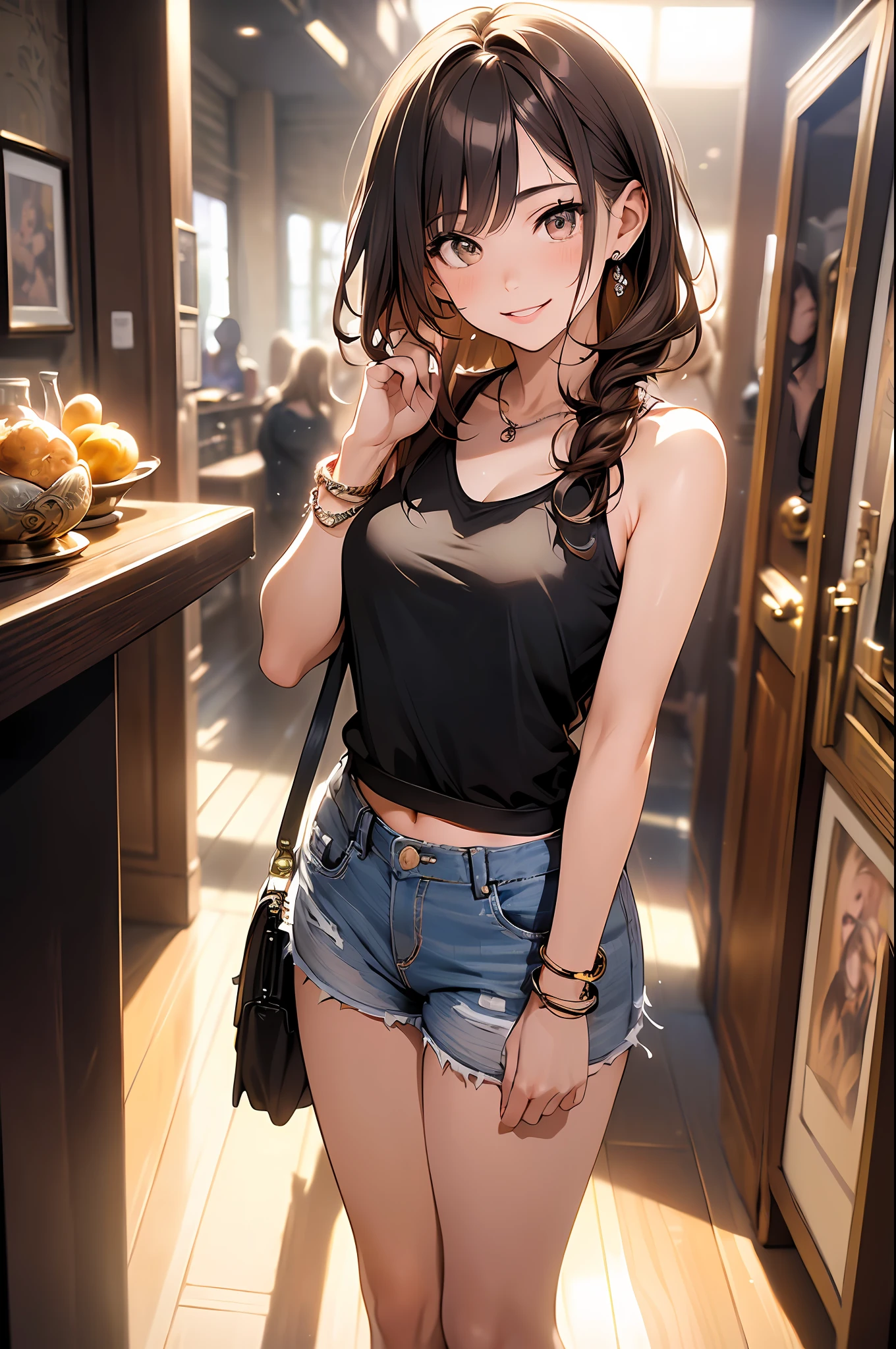 (masterpiece, best quality, ultra-detailed, highres, 4k),(beautiful detailed eyes),(very detailed face),(1girl),HDR,long hair, shorts, phone, brown eyes, brown hair, cellphone, bracelet, tank top, jewelry, watch, lips, solo focus, nail polish, blurry background, smile, wristwatch, realistic, blurry, looking at viewer